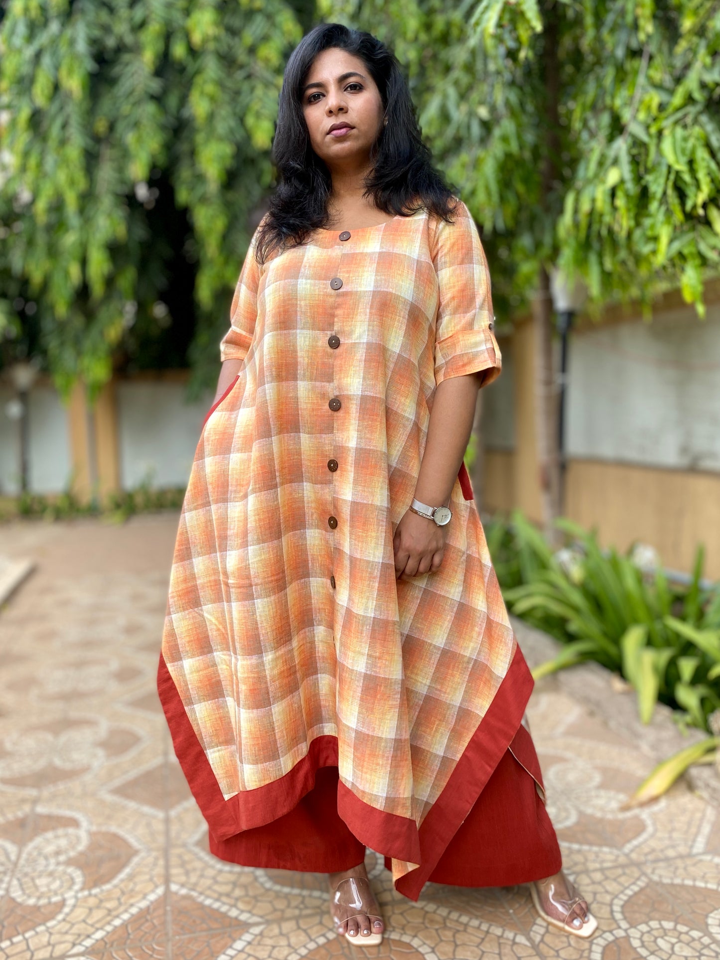 ANNA - Dress - Cotton Checks - ORANGE