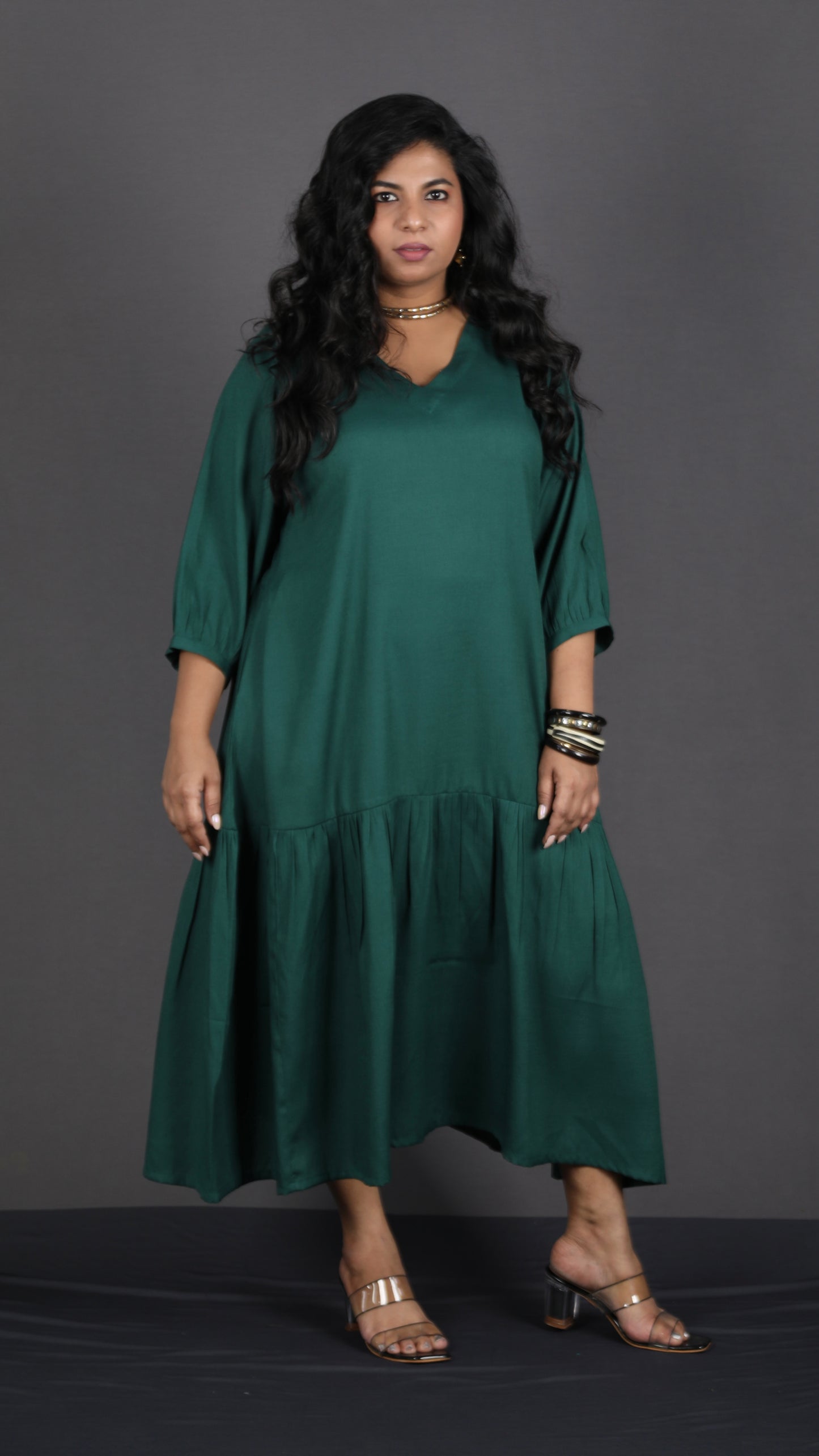 Lysha gathered dress - BOTTLE GREEN