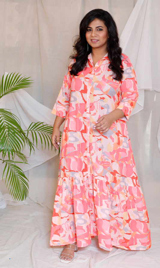 JUHI - Dress - linen cotton - Coral Printed