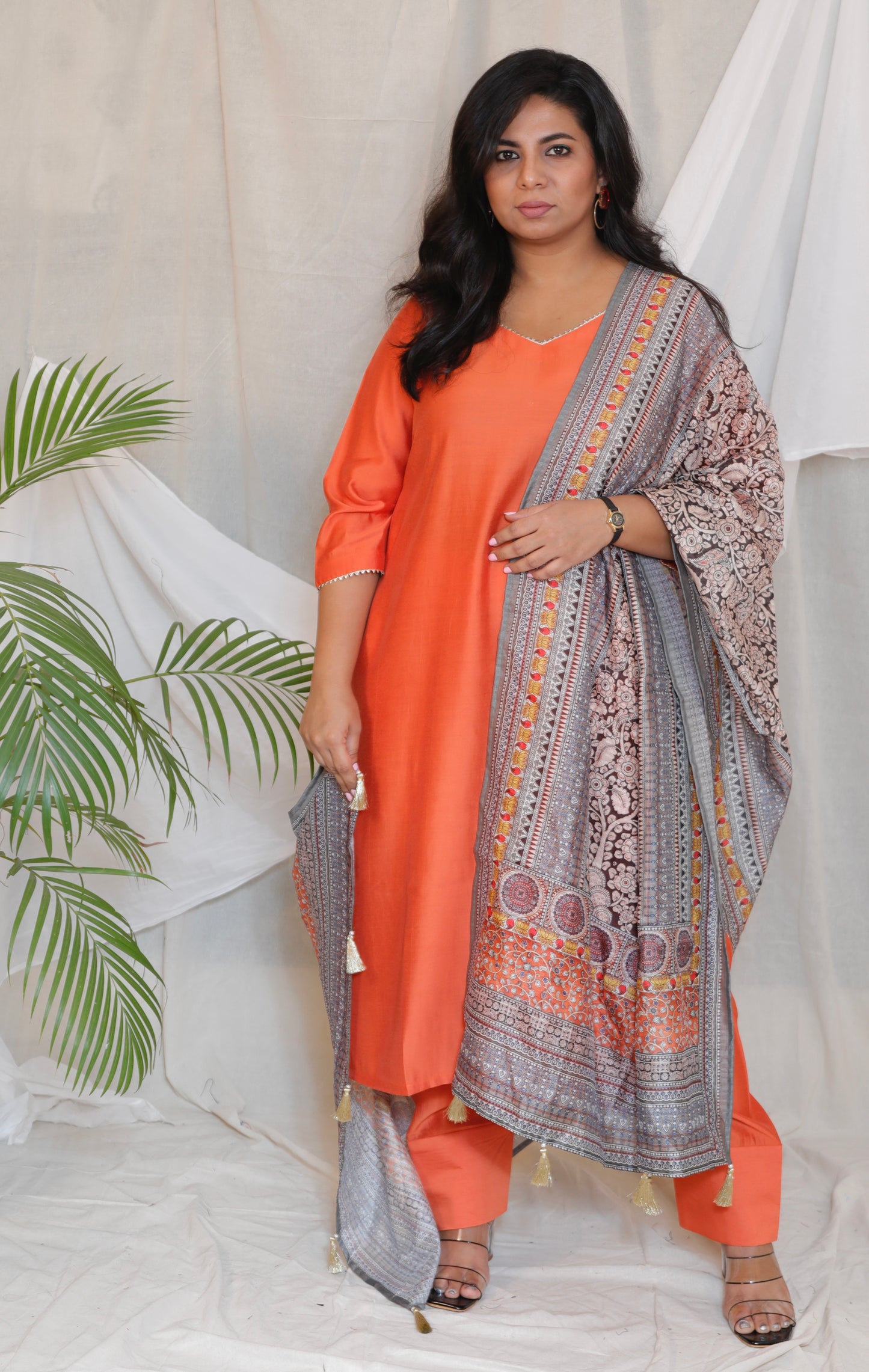 RANI - 3pc Crape Silk Kurta with Pajama Pant and Dupion silk dupatta- CORAL ORANGE