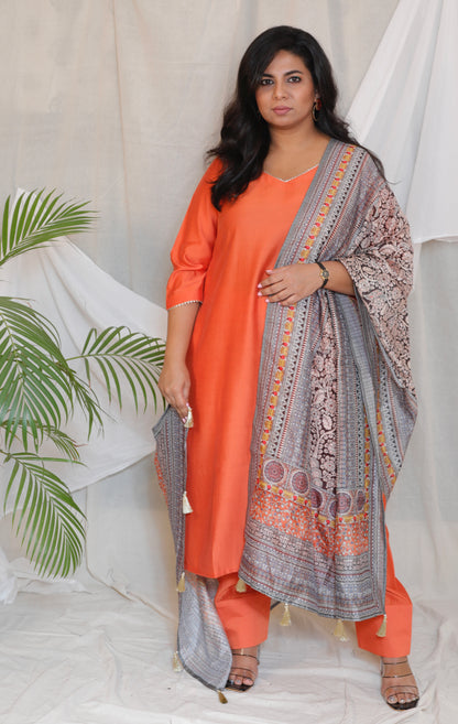 RANI - 3pc Crape Silk Kurta with Pajama Pant and Dupion silk dupatta- CORAL ORANGE