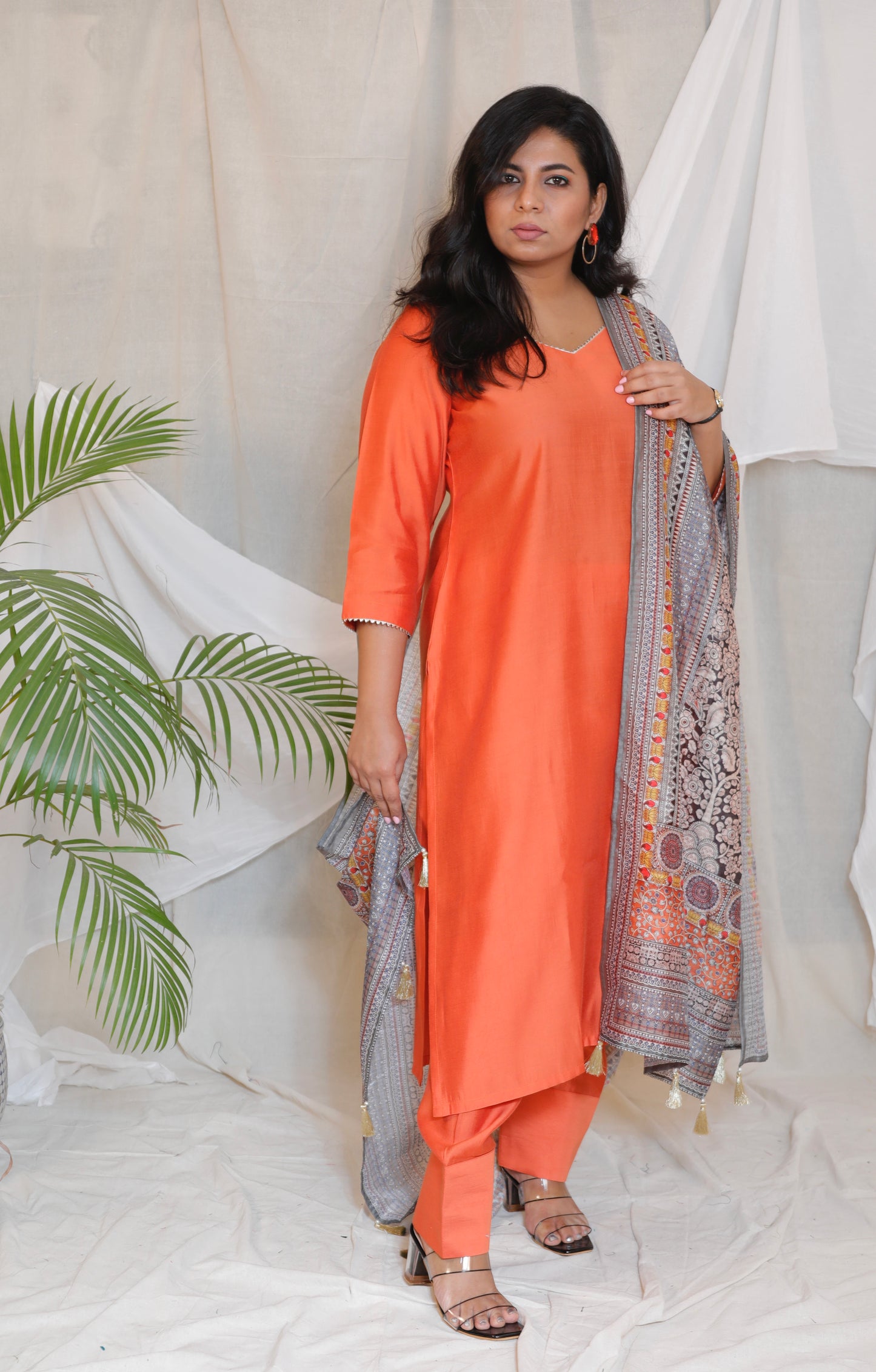 RANI - 3pc Crape Silk Kurta with Pajama Pant and Dupion silk dupatta- CORAL ORANGE