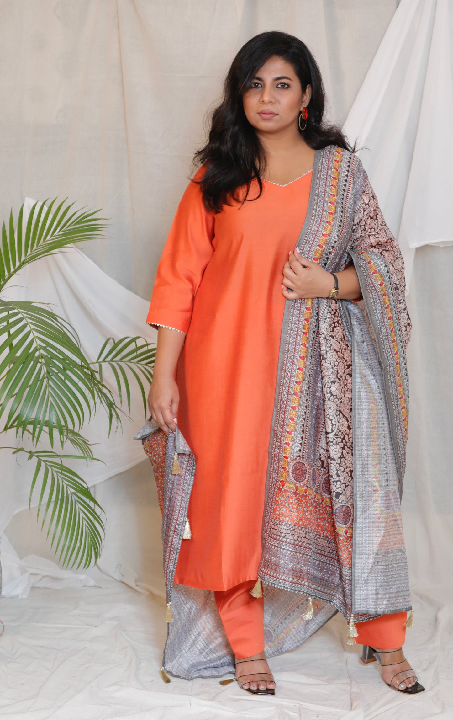RANI - 3pc Crape Silk Kurta with Pajama Pant and Dupion silk dupatta- CORAL ORANGE