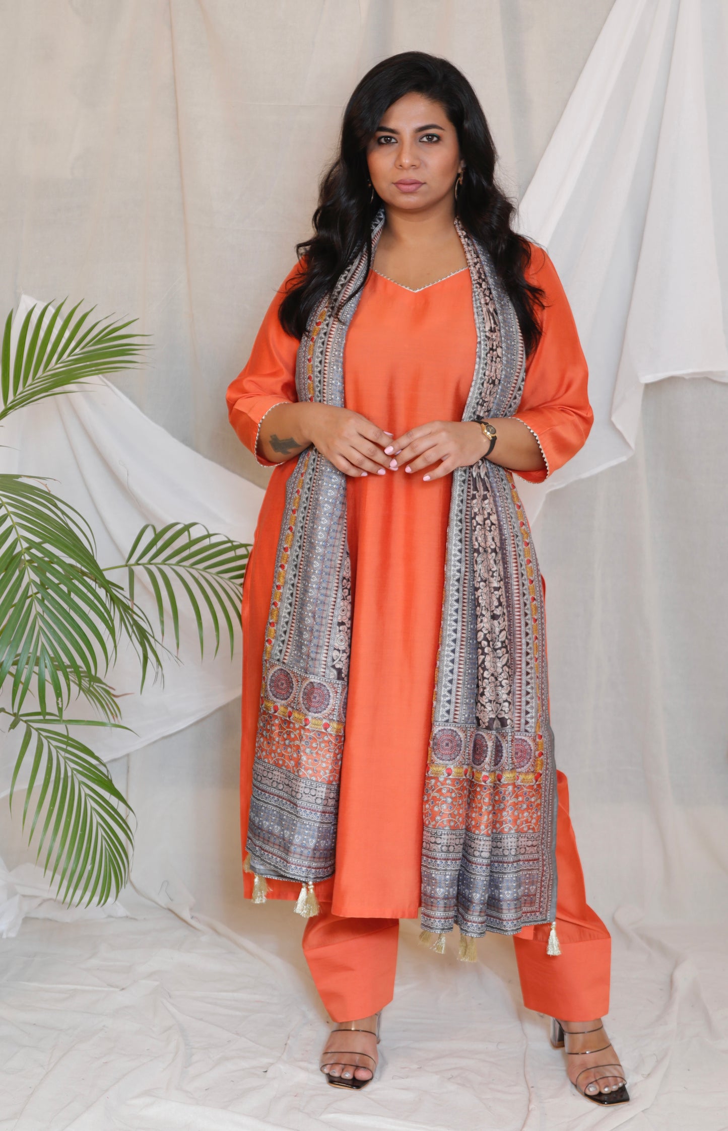 RANI - 3pc Crape Silk Kurta with Pajama Pant and Dupion silk dupatta- CORAL ORANGE