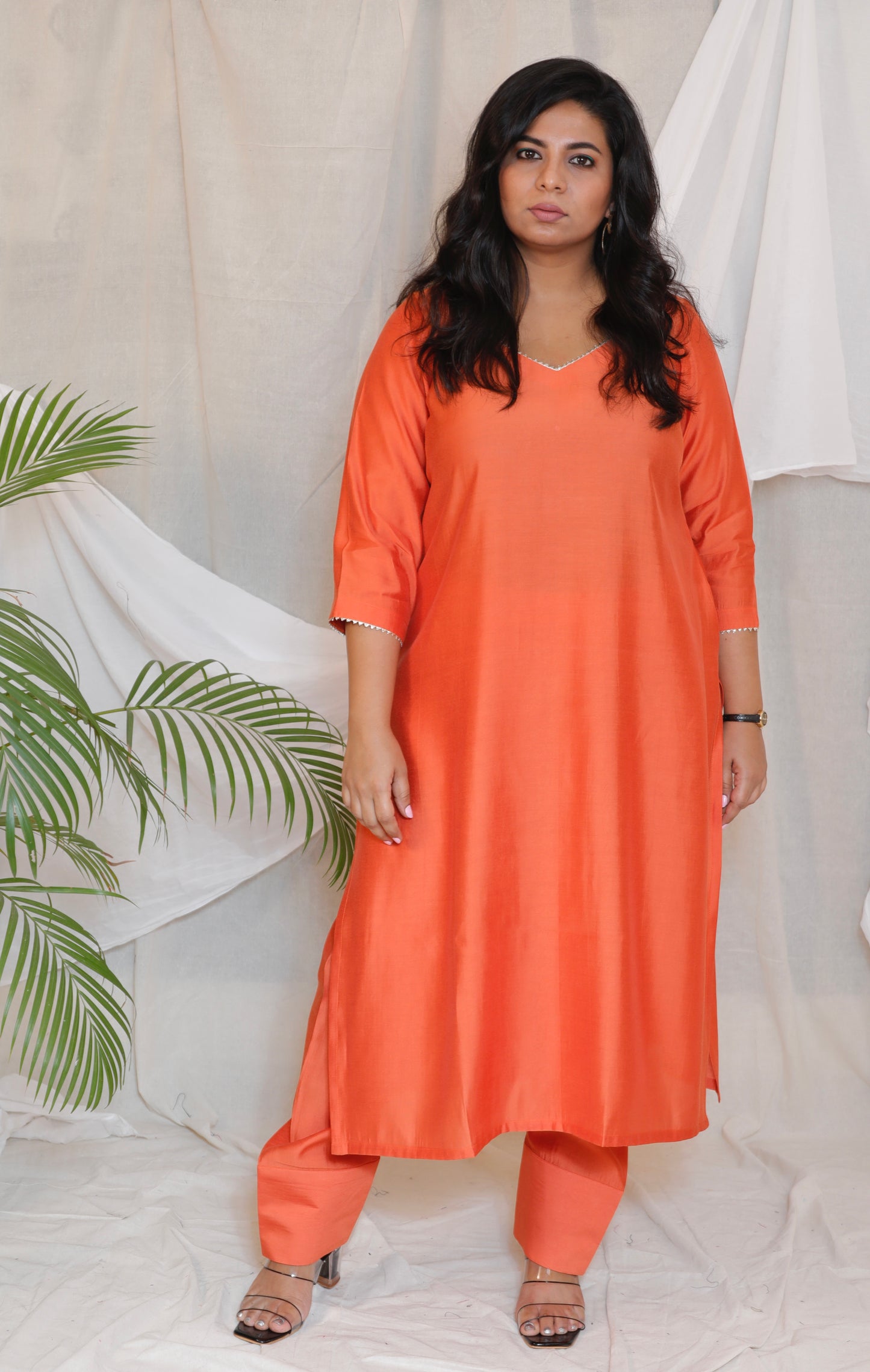RANI - 3pc Crape Silk Kurta with Pajama Pant and Dupion silk dupatta- CORAL ORANGE