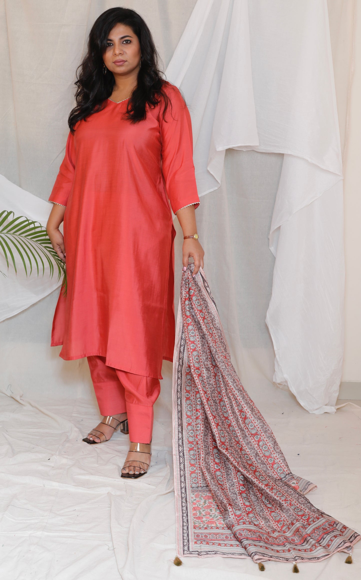 RANI - 3pc Crape Silk Kurta with Pajama Pant and Dupion silk dupatta - SALMON PINK