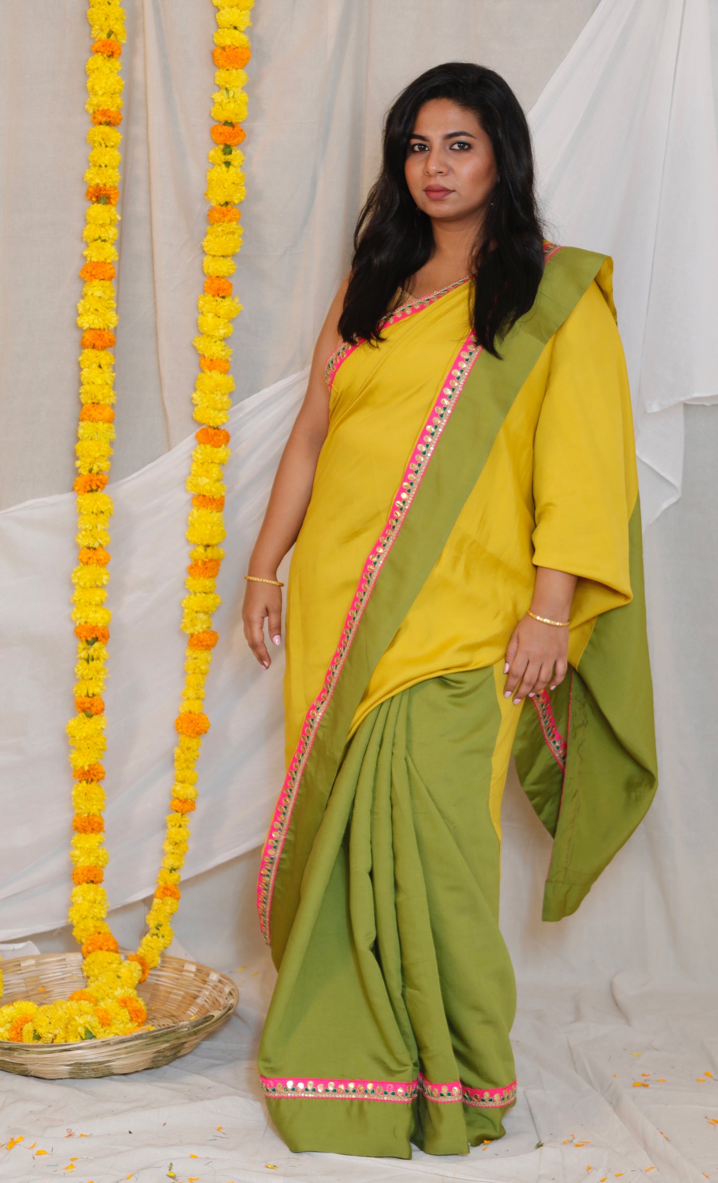 VIDYA - GREEN YELLOW SAREE - CRAPE SILK