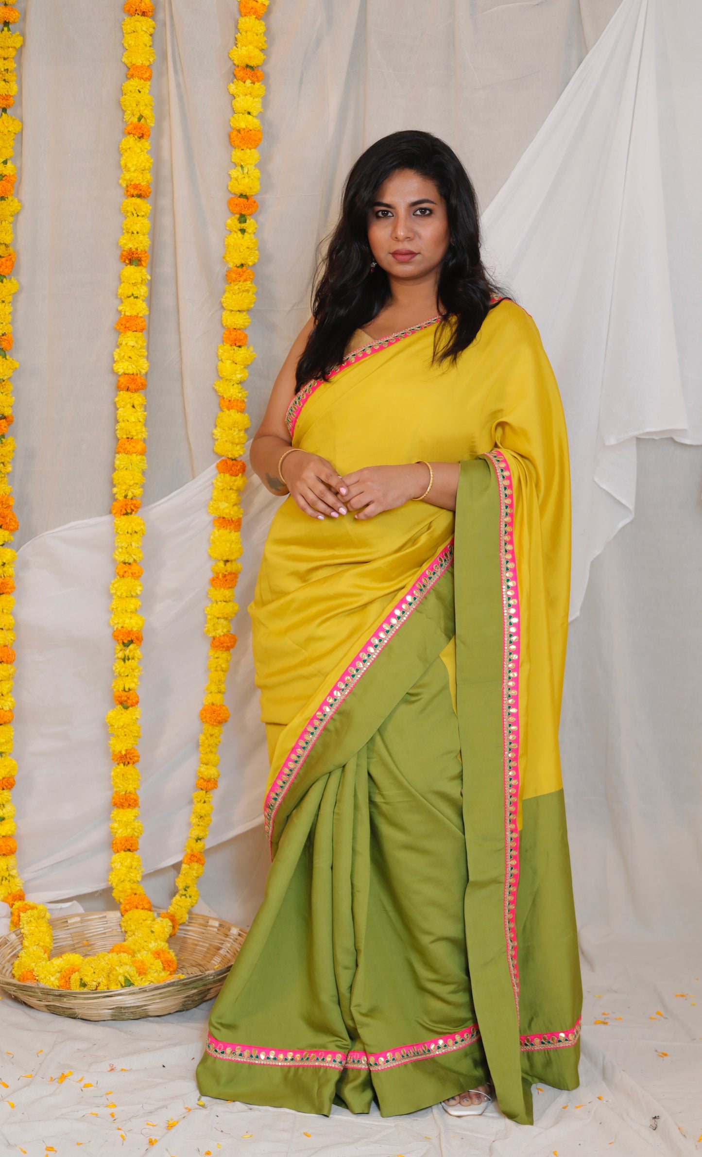 VIDYA - GREEN YELLOW SAREE - CRAPE SILK
