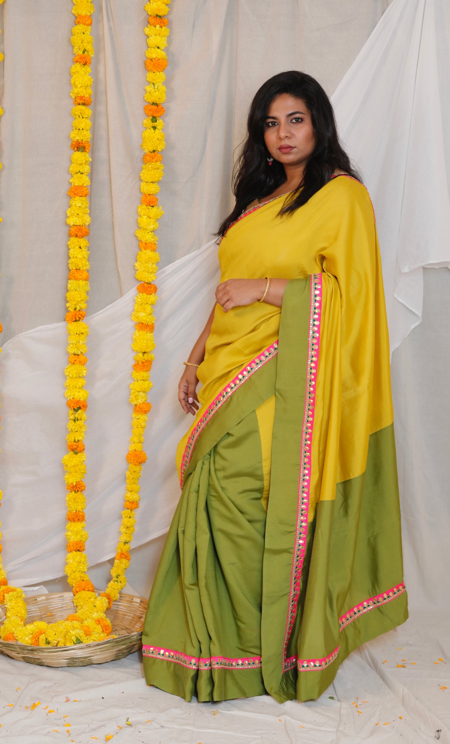 VIDYA - GREEN YELLOW SAREE - CRAPE SILK