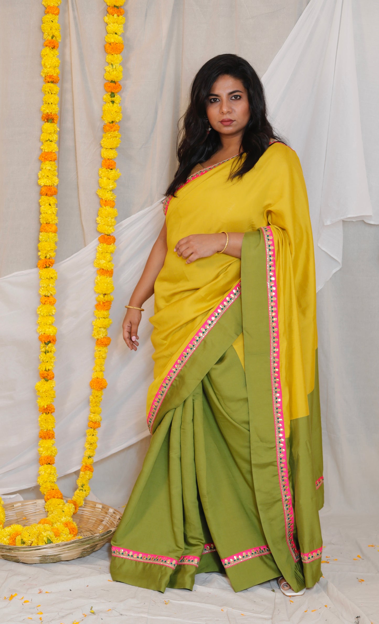 VIDYA - GREEN YELLOW SAREE - CRAPE SILK