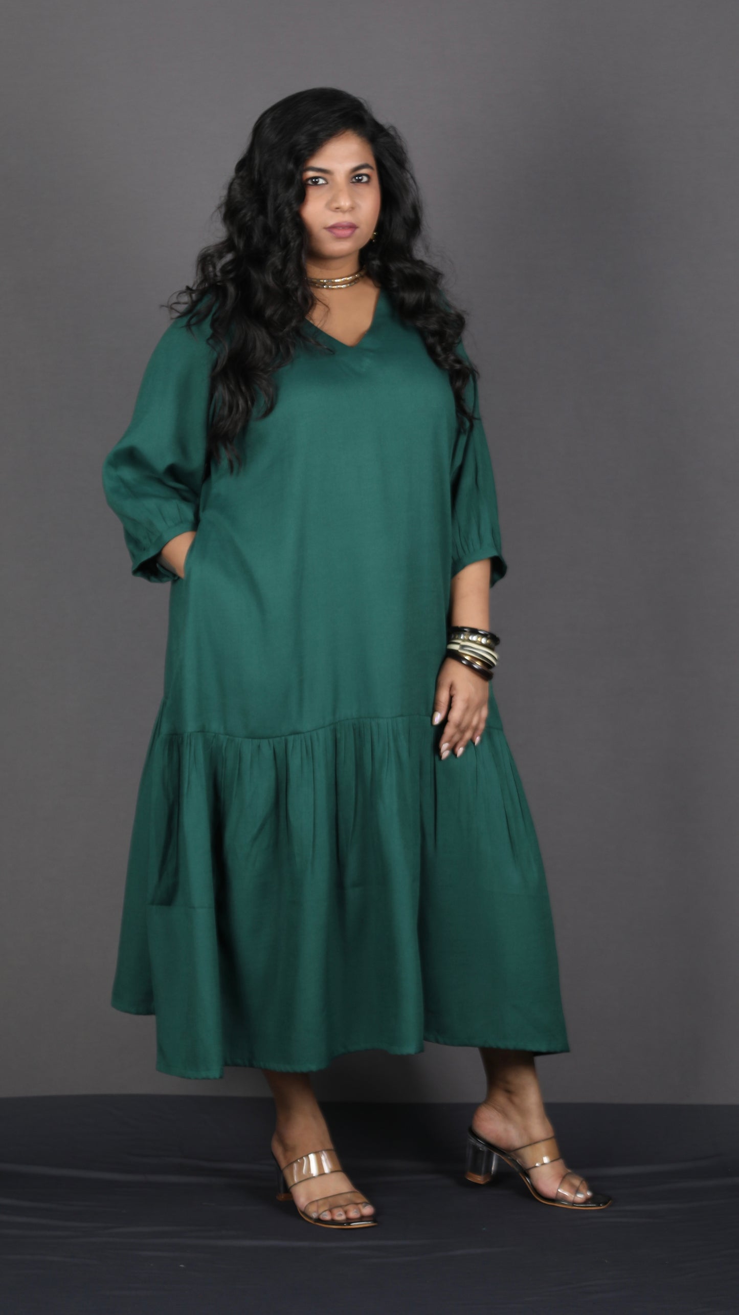 Lysha gathered dress - BOTTLE GREEN