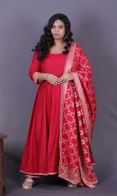 NOOR - Anarkali set + Zari Dupatta - Cherry Red