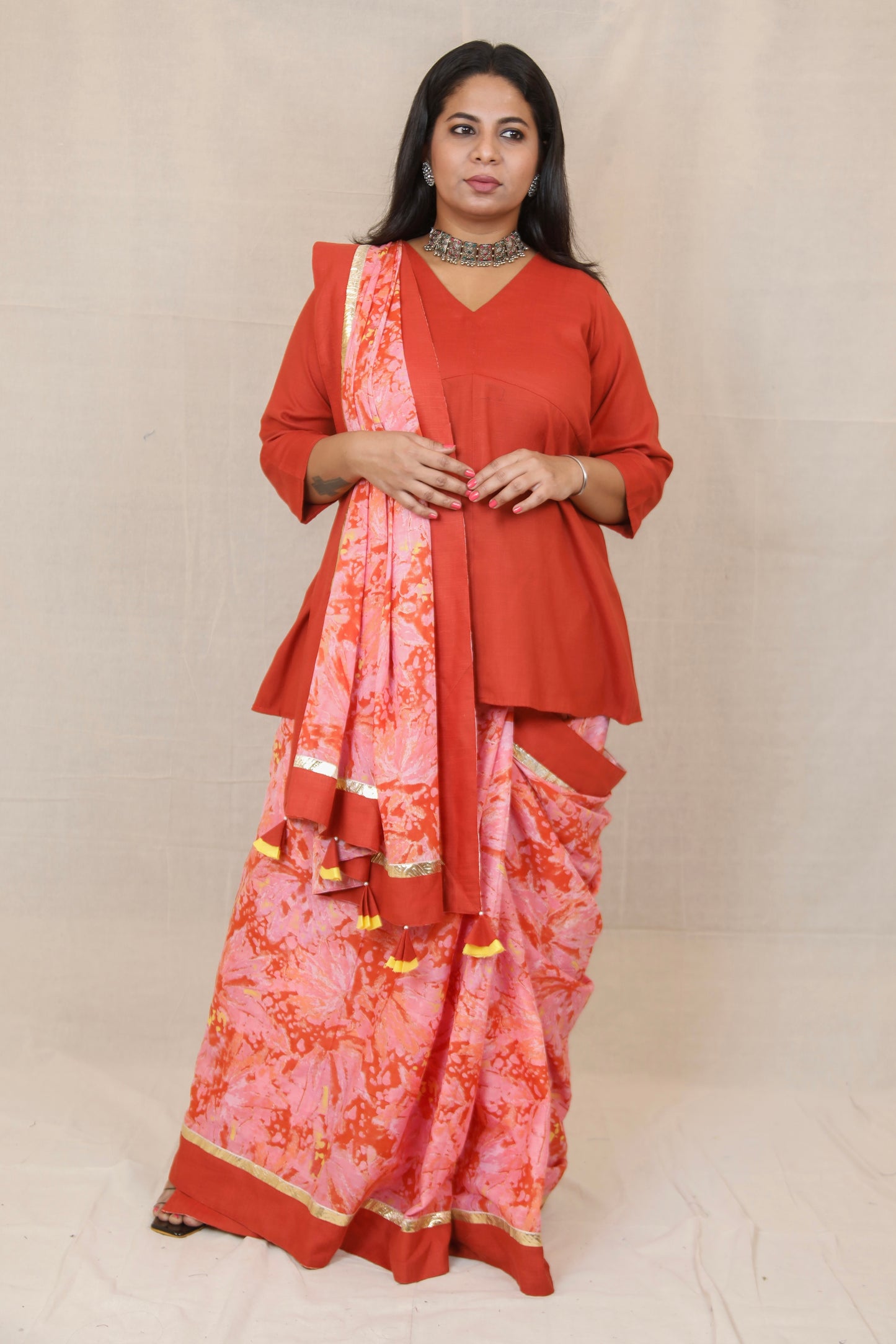 RIDHI - Mul Mul Cotton Saree - Pink Abstract + Kurti Optional