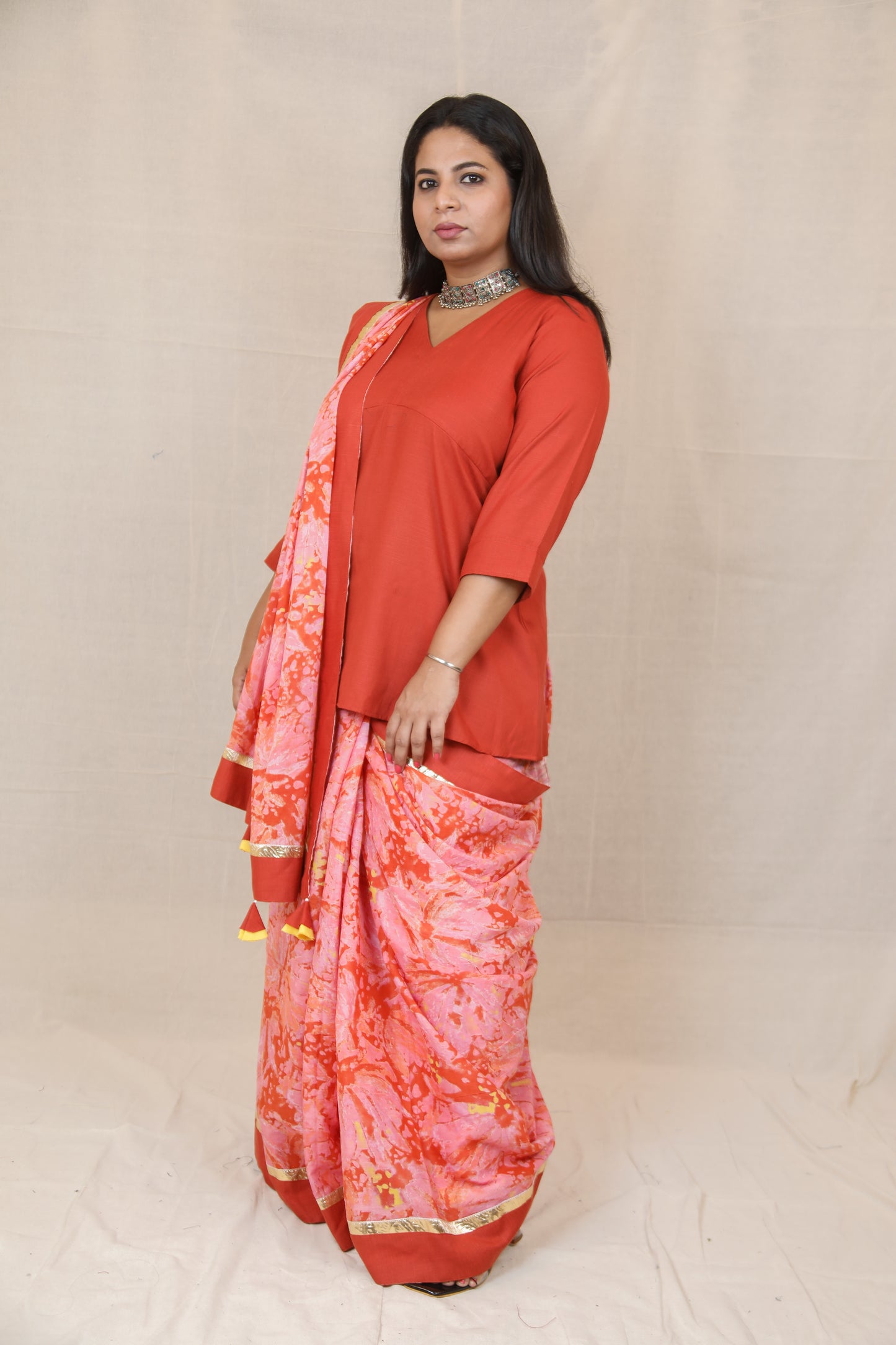 RIDHI - Mul Mul Cotton Saree - Pink Abstract + Kurti Optional