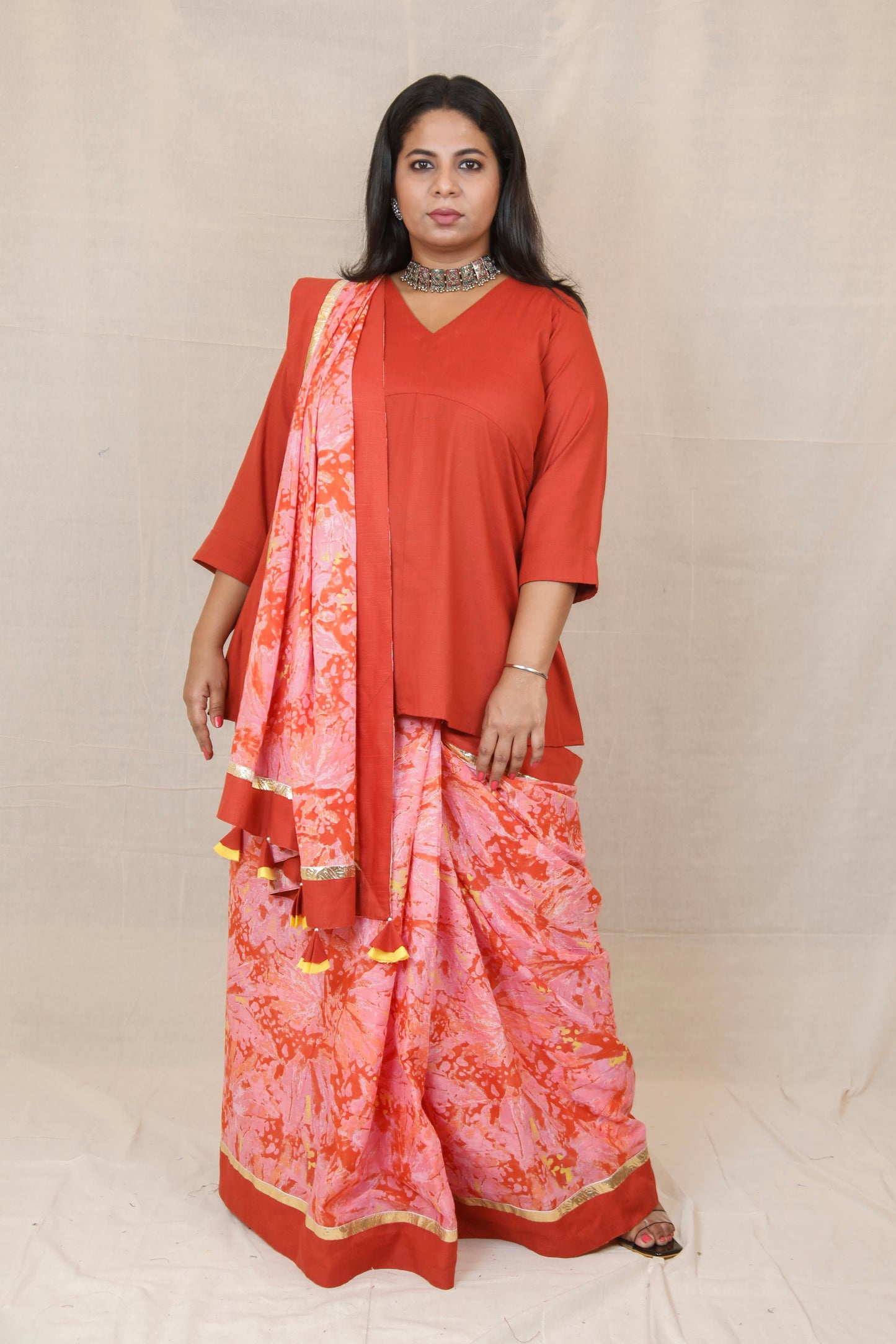 RIDHI - Mul Mul Cotton Saree - Pink Abstract + Kurti Optional