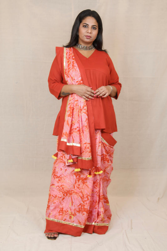 RIDHI - Mul Mul Cotton Saree - Pink Abstract + Kurti Optional