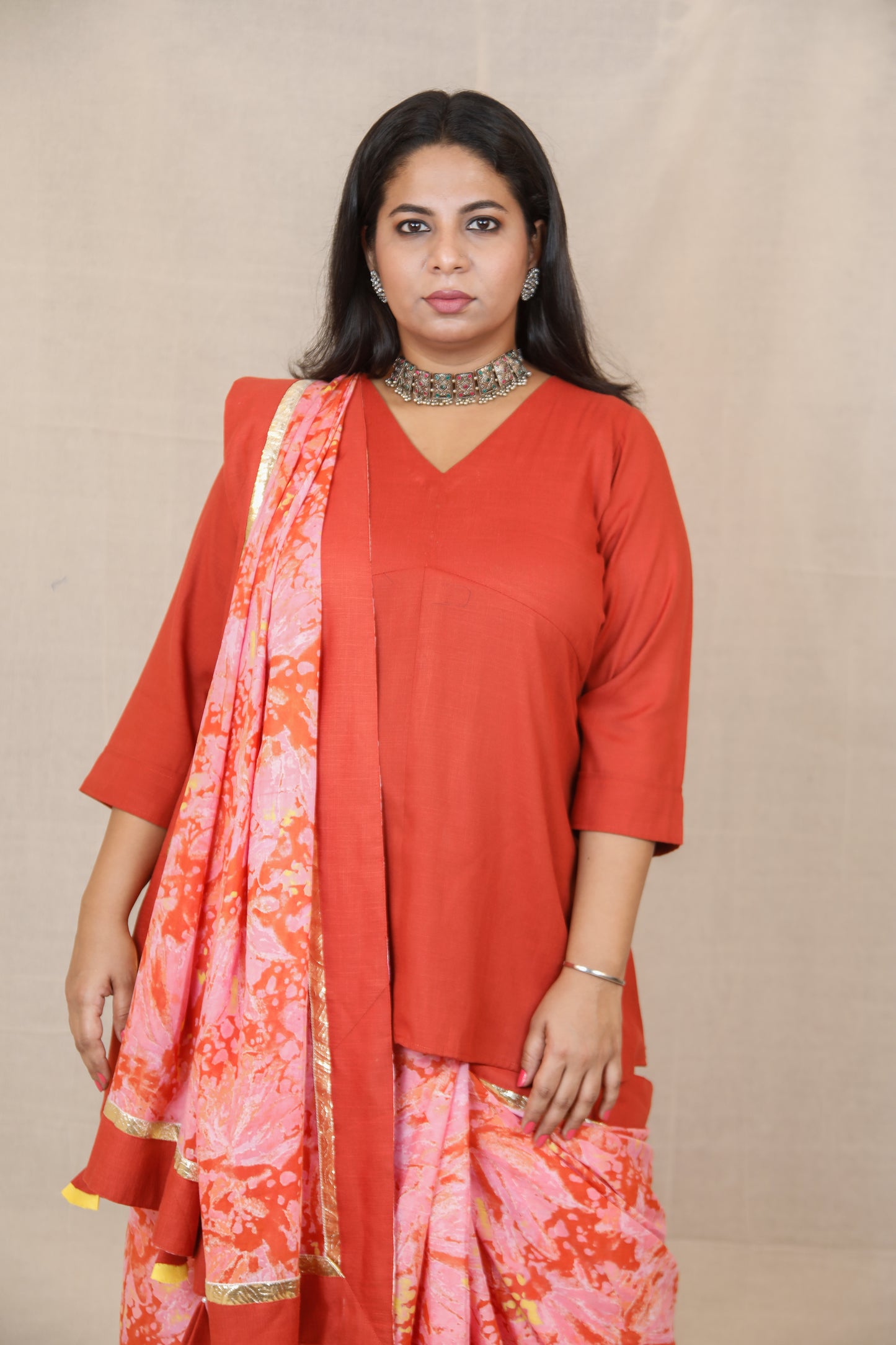 RIDHI - Mul Mul Cotton Saree - Pink Abstract + Kurti Optional