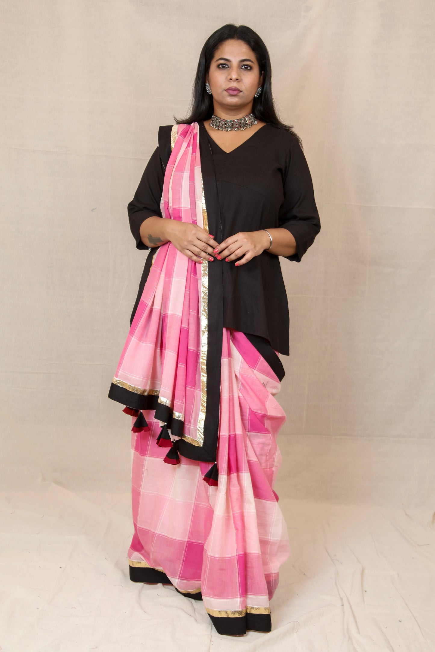 RIDHI - Mul Mul Cotton Saree - Pink Checks+ Kurti Optional