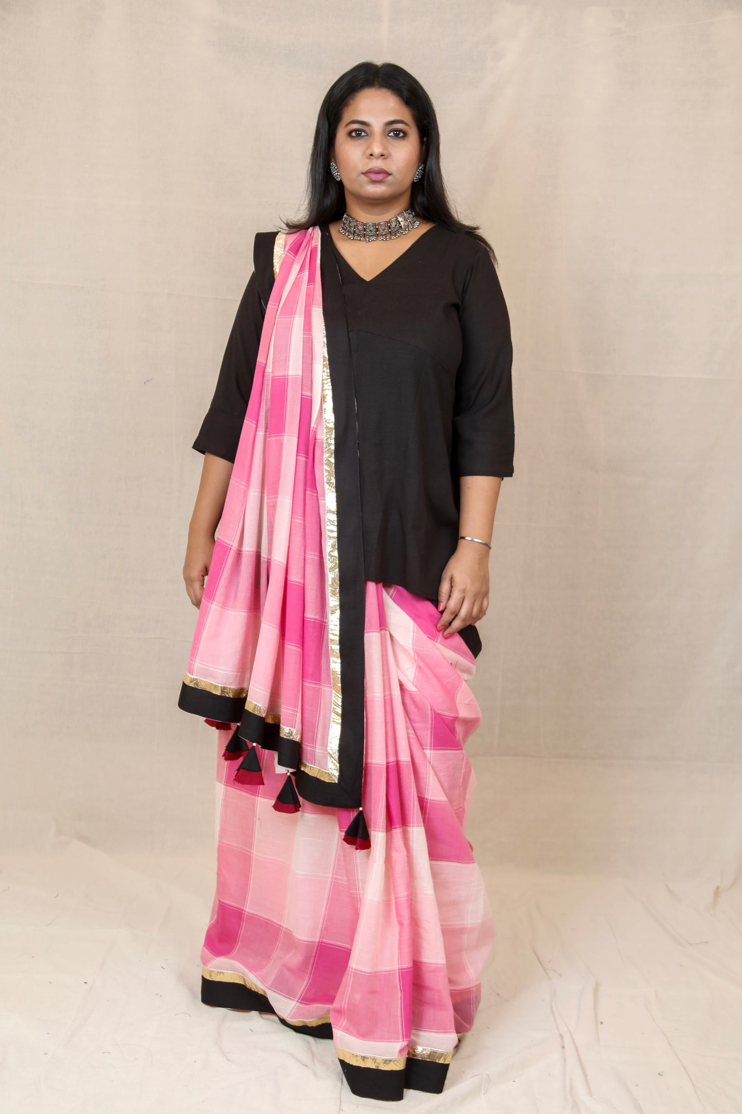 RIDHI - Mul Mul Cotton Saree - Pink Checks+ Kurti Optional