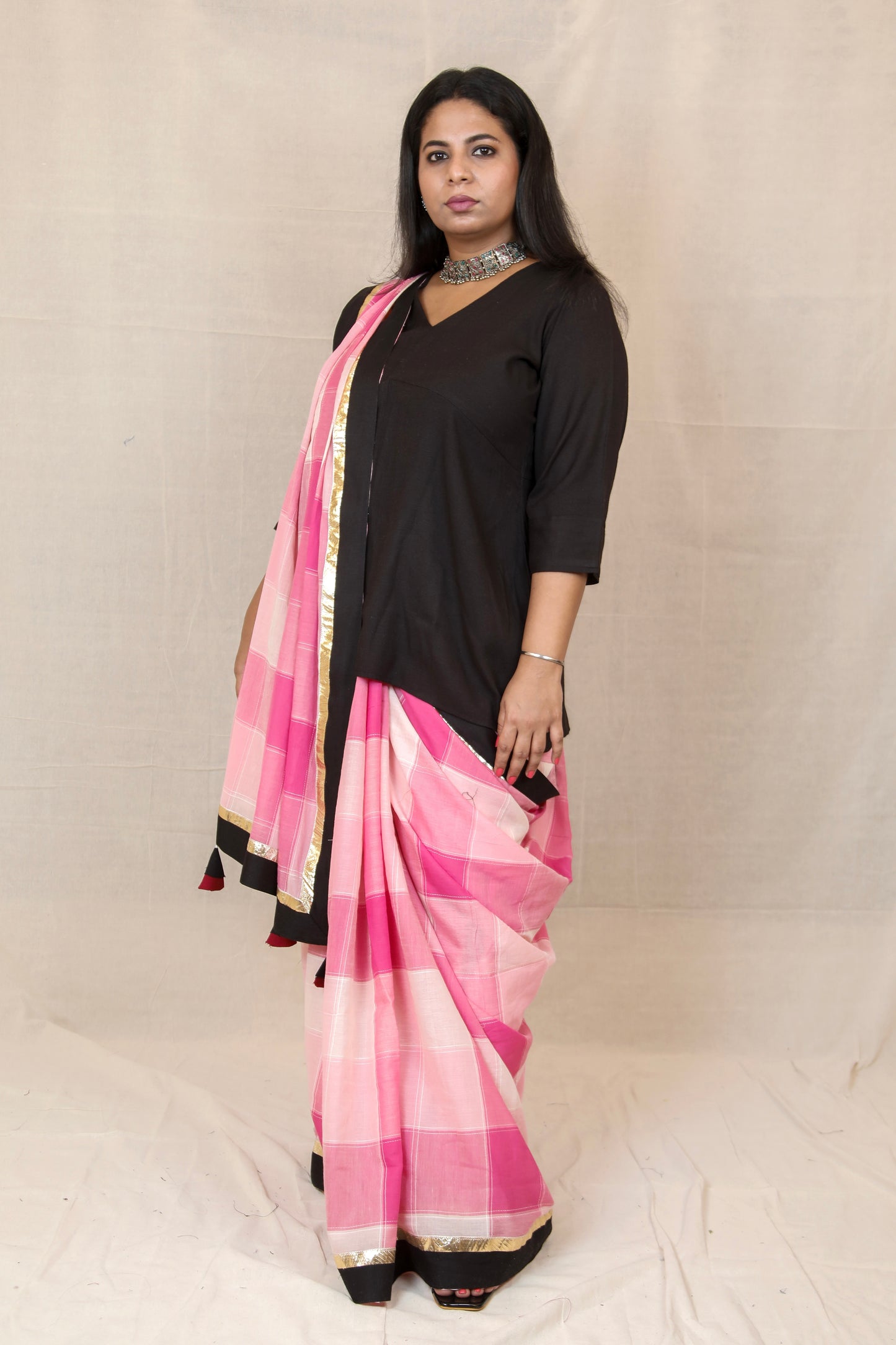 RIDHI - Mul Mul Cotton Saree - Pink Checks+ Kurti Optional