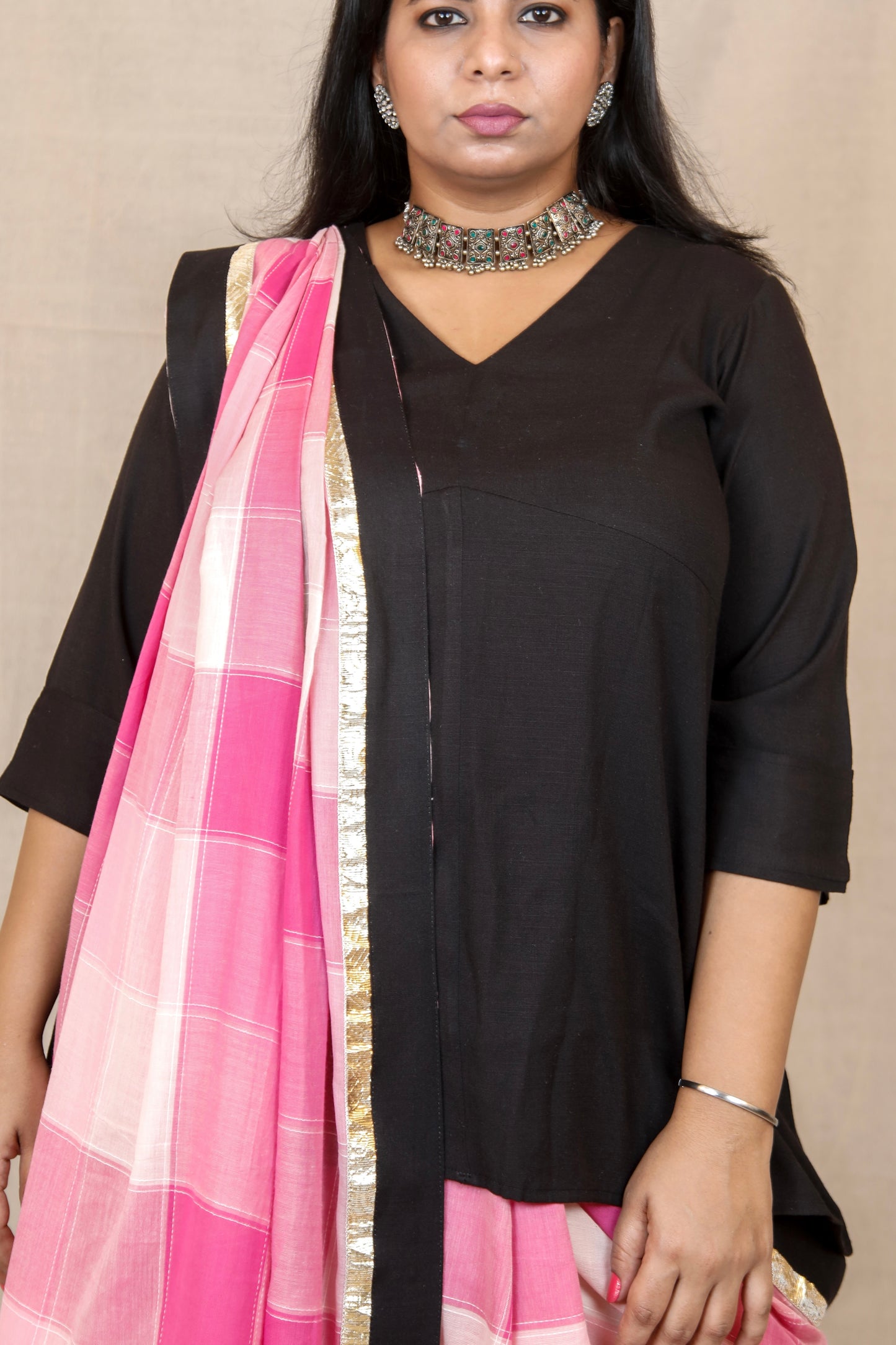 RIDHI - Mul Mul Cotton Saree - Pink Checks+ Kurti Optional