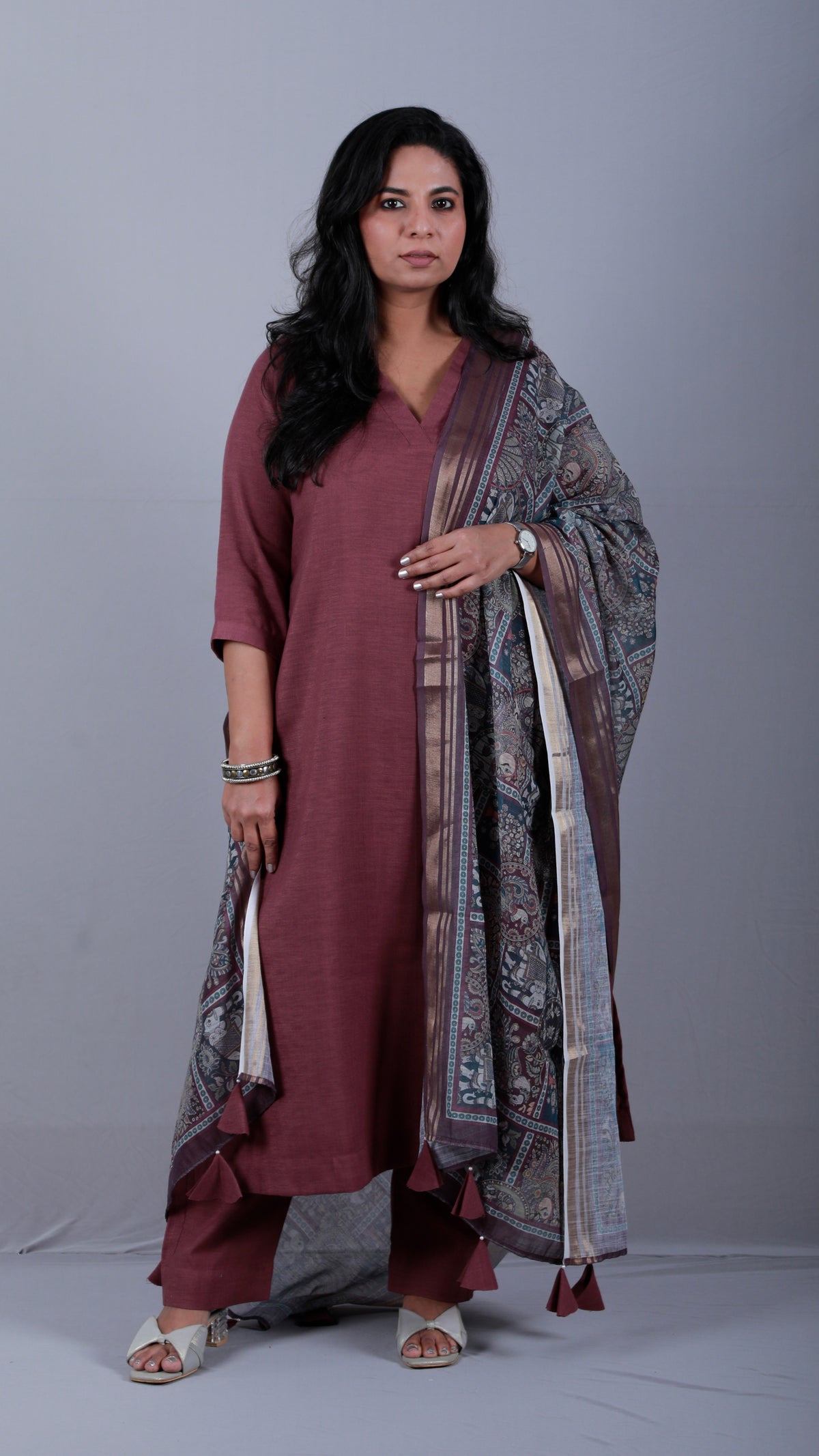 Rangoli - 3pc set - Linen Cotton + chanderi dupatta - PURPLE