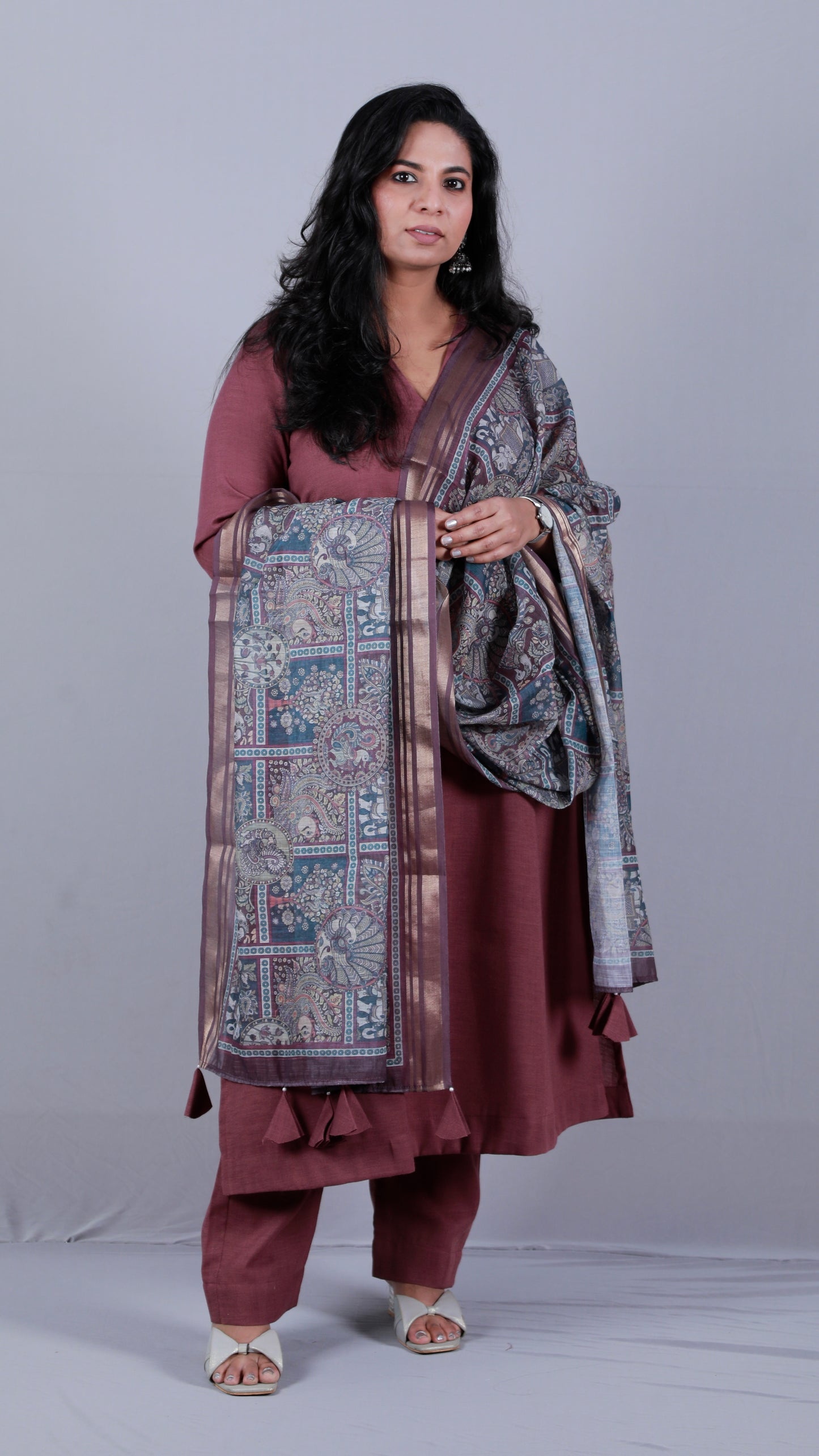 Rangoli - 3pc set - Linen Cotton + chanderi dupatta - PURPLE