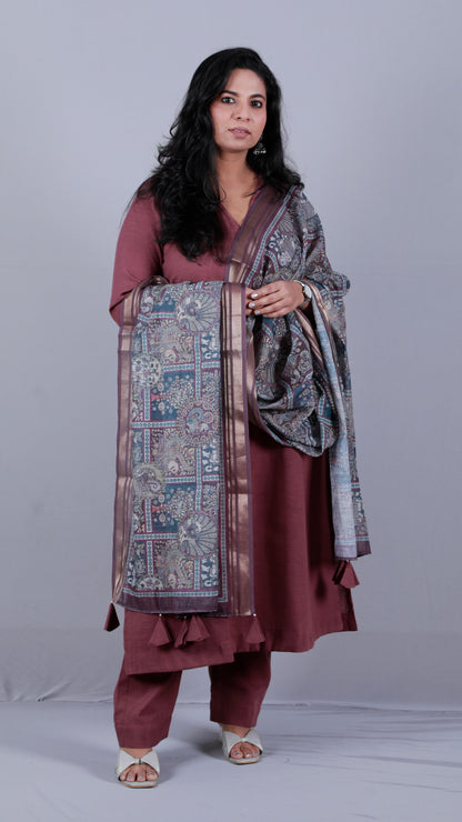 Rangoli - 3pc set - Linen Cotton + chanderi dupatta - PURPLE