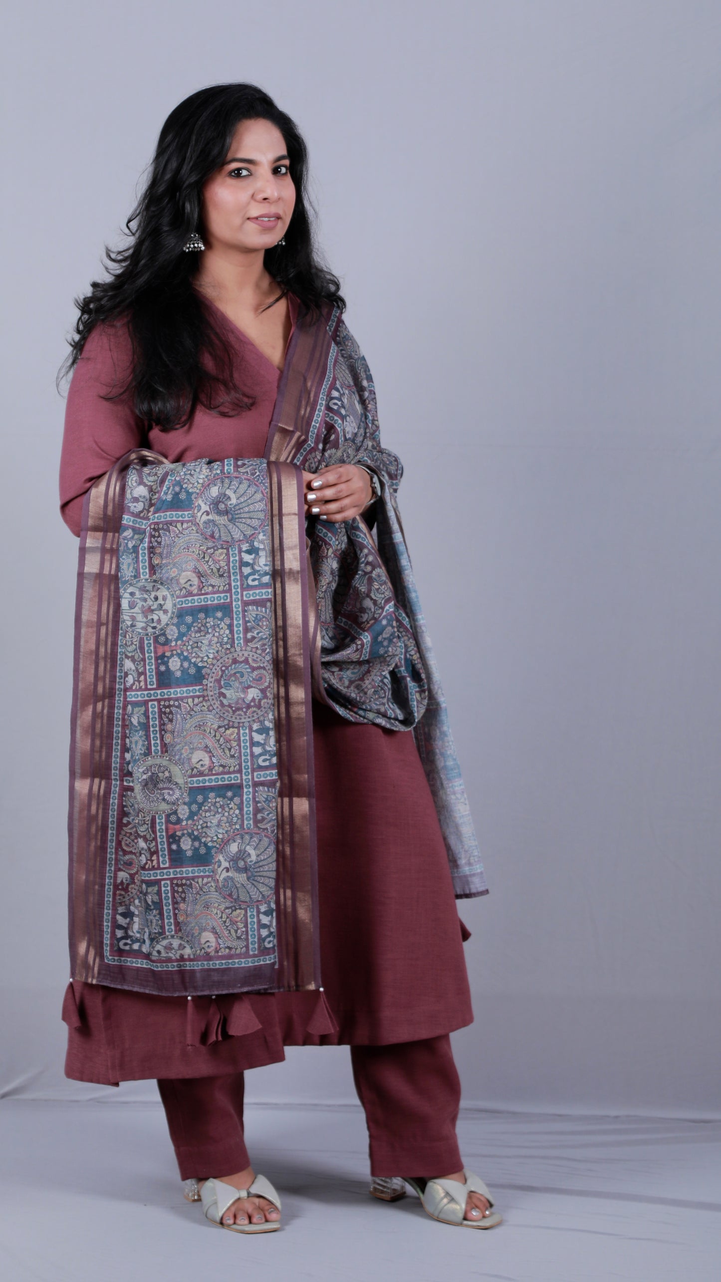 Rangoli - 3pc set - Linen Cotton + chanderi dupatta - PURPLE