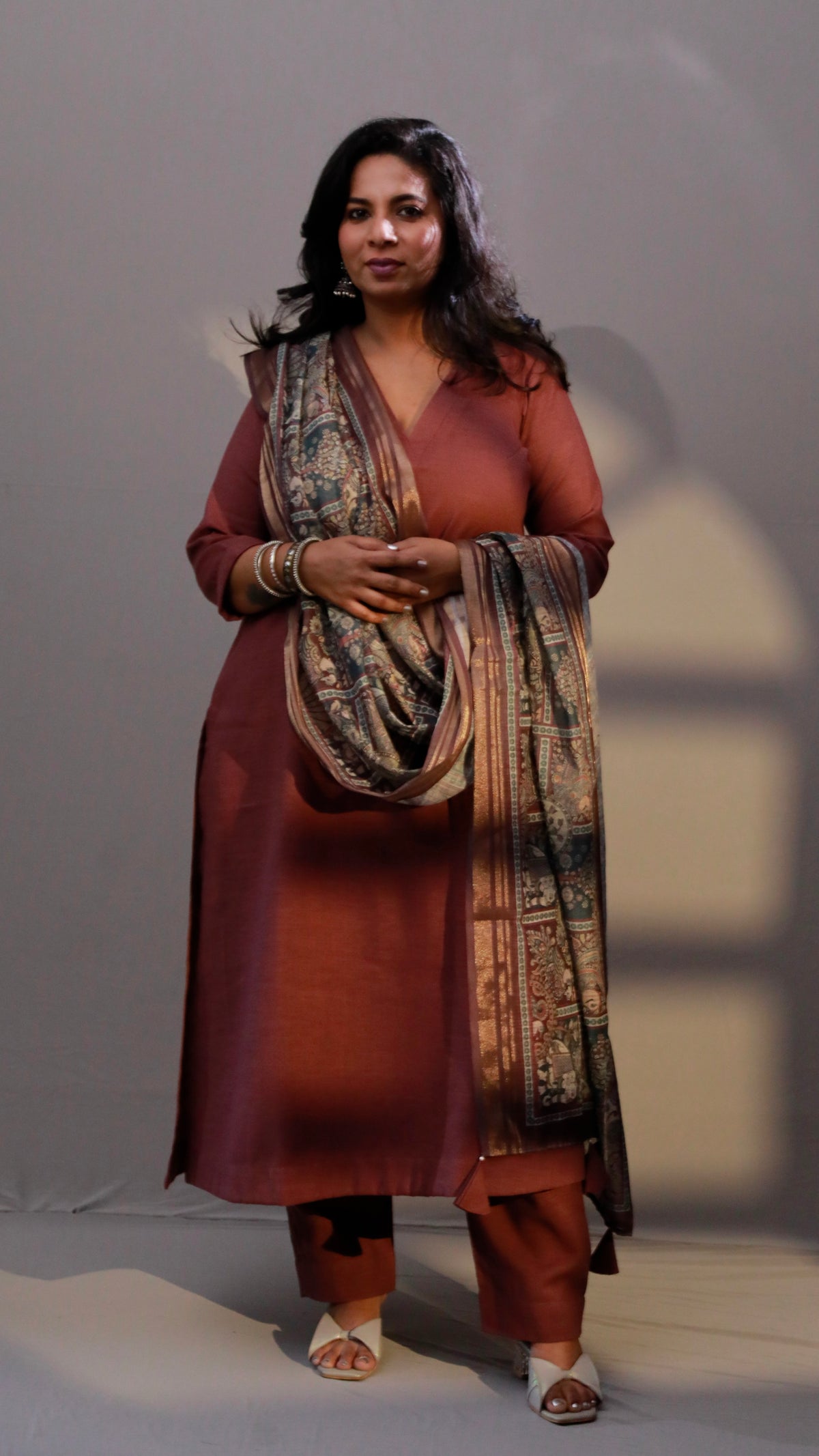Rangoli - 3pc set - Linen Cotton + chanderi dupatta - PURPLE