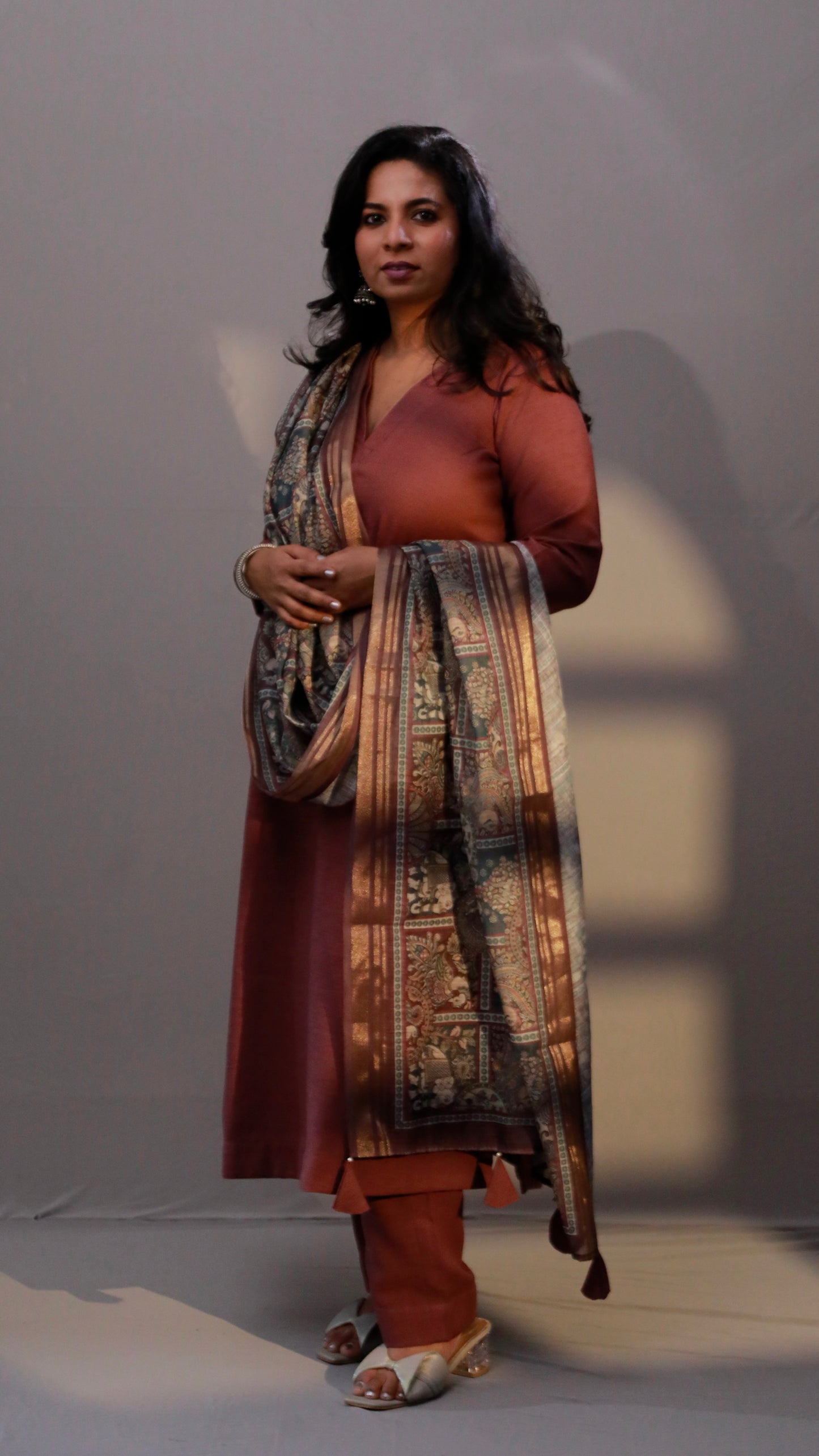 Rangoli - 3pc set - Linen Cotton + chanderi dupatta - PURPLE