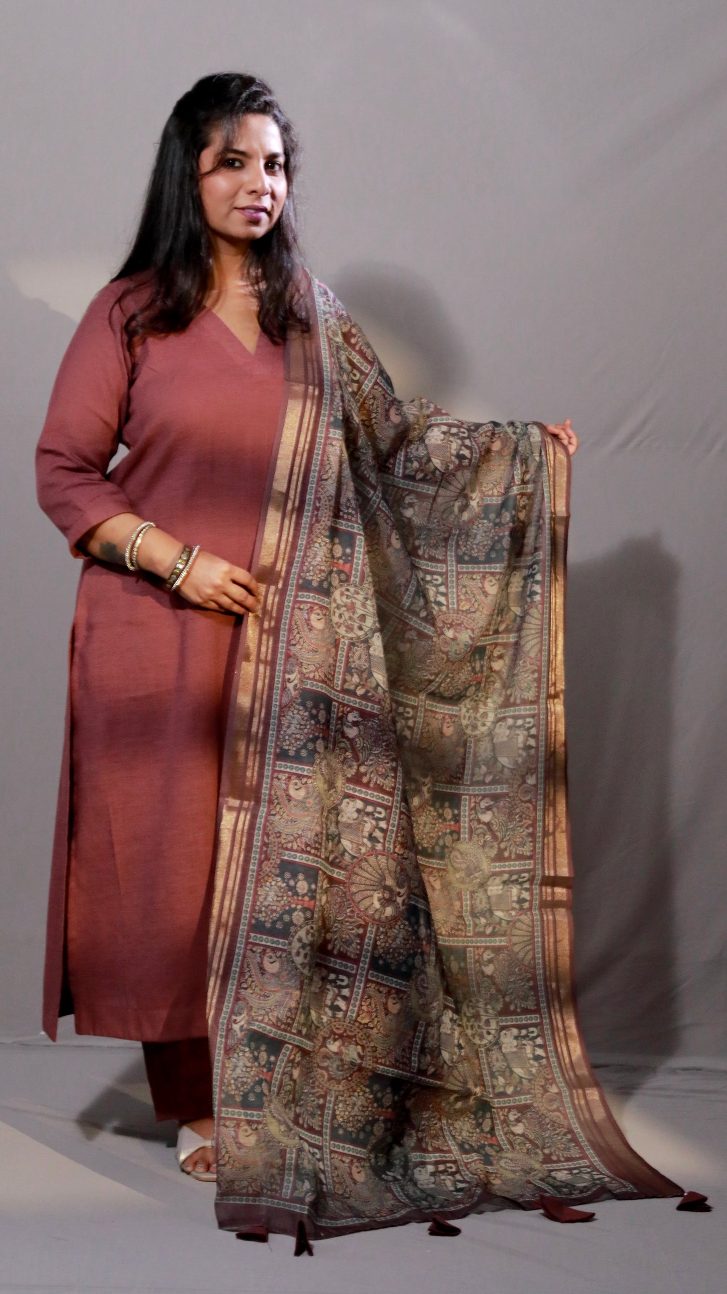 Rangoli - 3pc set - Linen Cotton + chanderi dupatta - PURPLE