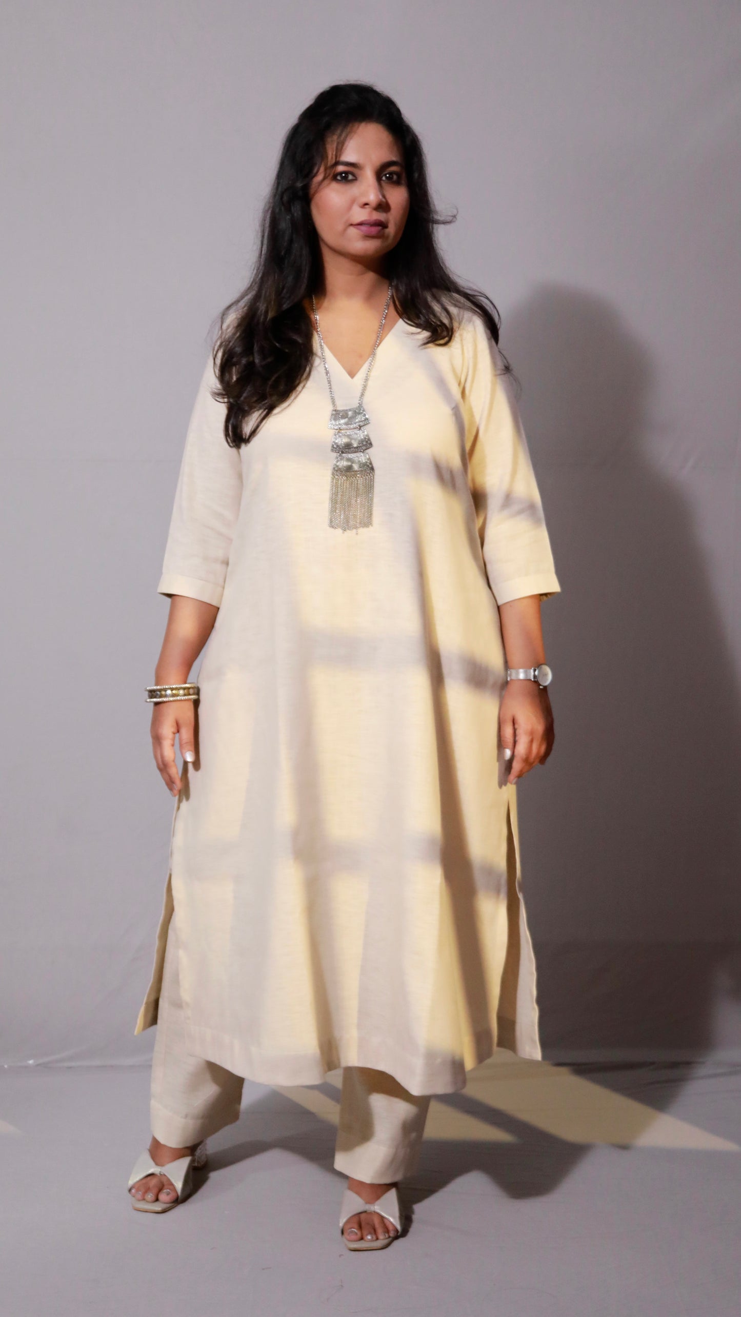 Rangoli - 3pc set - Linen Cotton + chanderi dupatta - Beige
