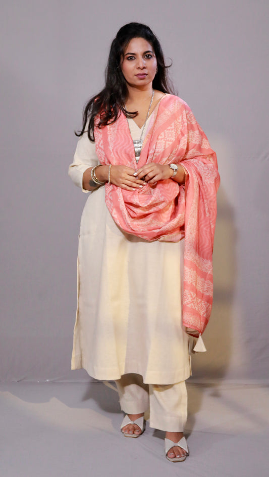 Rangoli - 3pc set - Linen Cotton + chanderi dupatta - Beige