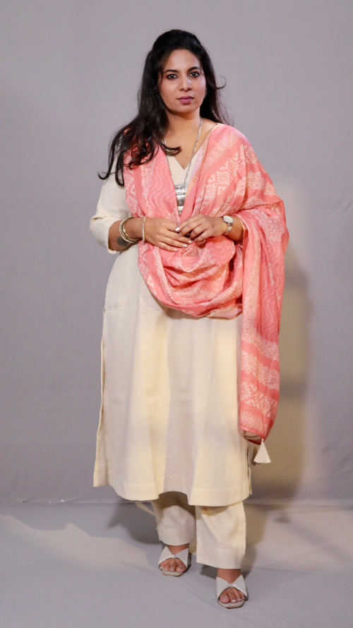 Rangoli - 3pc set - Linen Cotton + chanderi dupatta - Beige