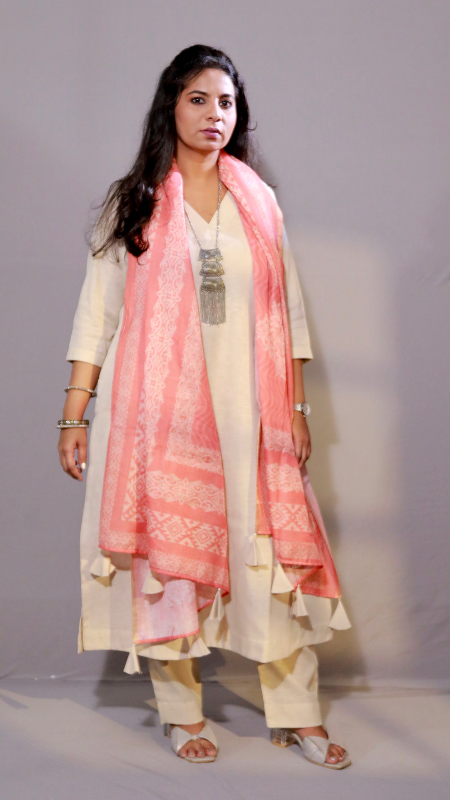 Rangoli - 3pc set - Linen Cotton + chanderi dupatta - Beige