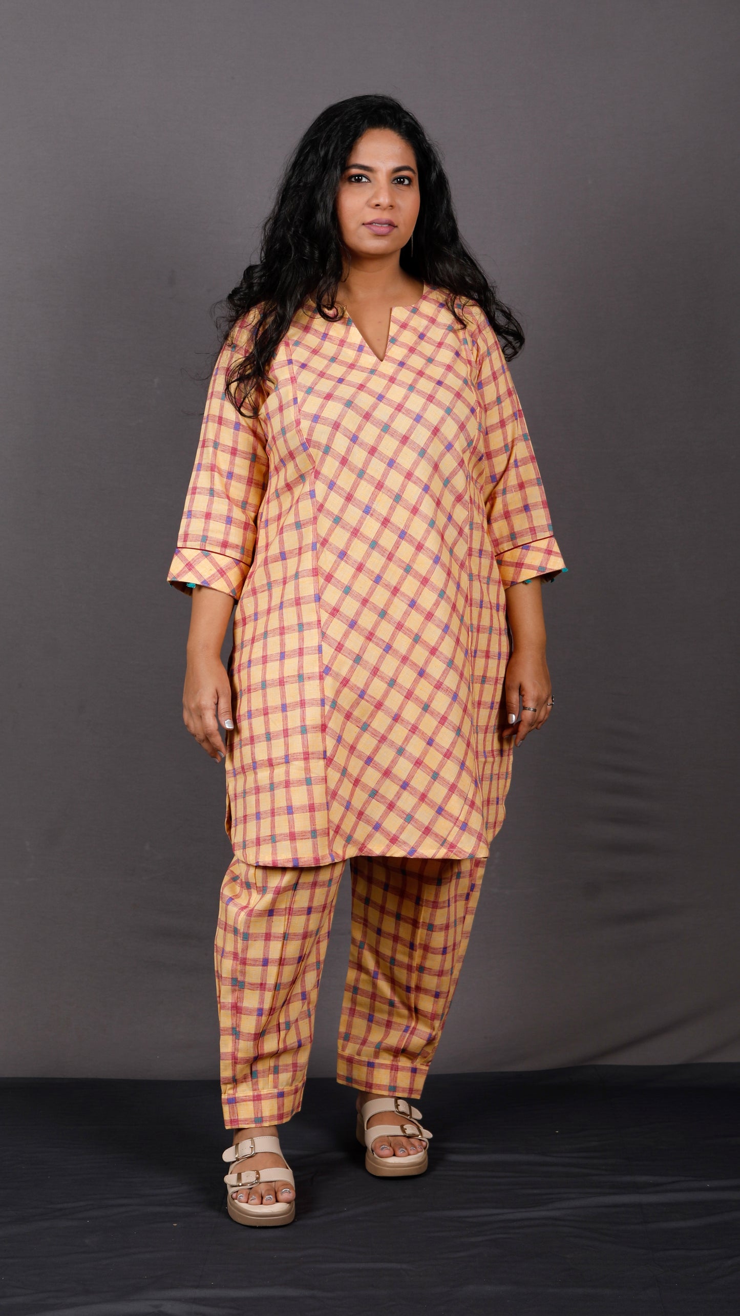 Veda - 2 pc set - Cotton Linen with thread work boti - Apricot Yellow