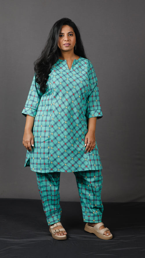 Veda - 2 pc set - Cotton Linen with thread work boti - Rama Green