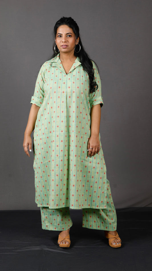 Samaa - Kurta Pant SET - Handloom cotton with thread work botti - Green