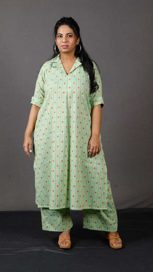 Samaa - Kurta Pant SET - Handloom cotton with thread work botti - Green