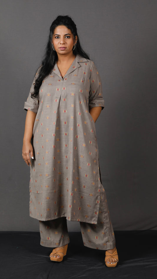 Samaa - Kurta Pant SET - Handloom cotton with thread work botti - Mud Grey