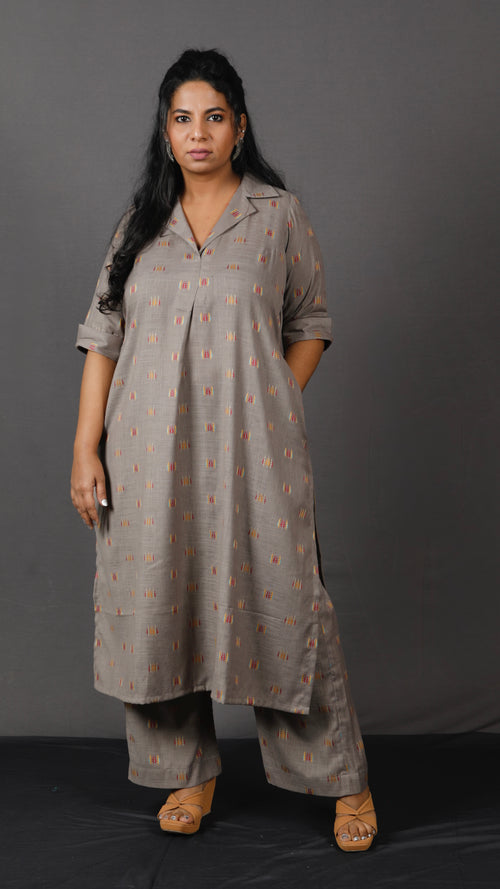 Samaa - Kurta Pant SET - Handloom cotton with thread work botti - Mud Grey