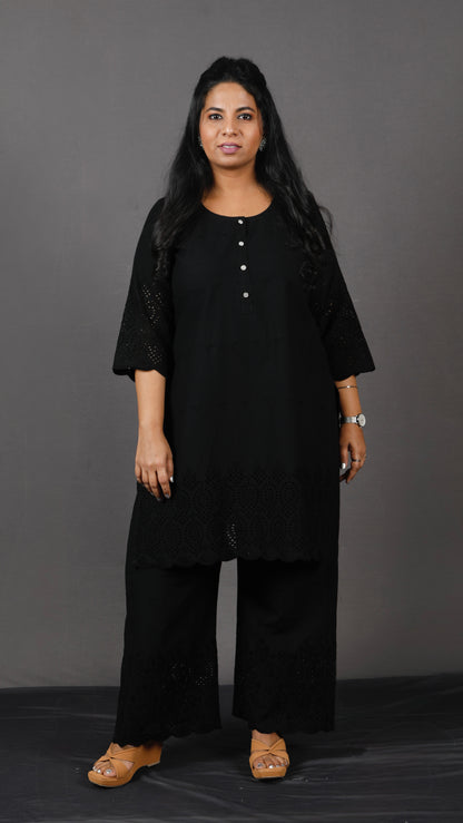 Ruhani - Set - Pure cotton with schiffli embroidery - Black - dupatta optional