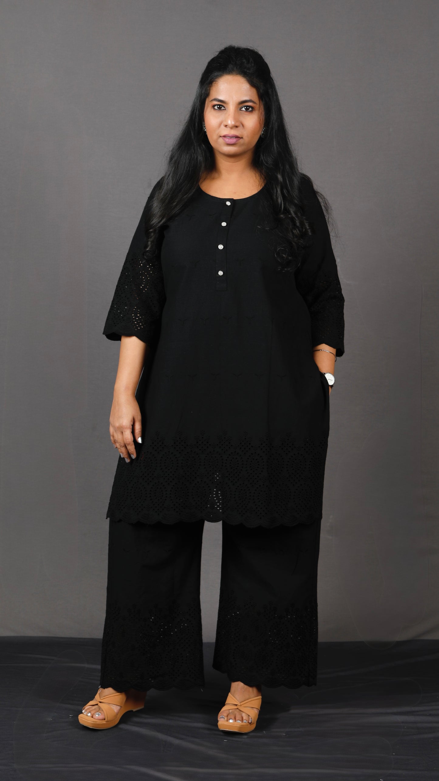 Ruhani - Set - Pure cotton with schiffli embroidery - Black - dupatta optional