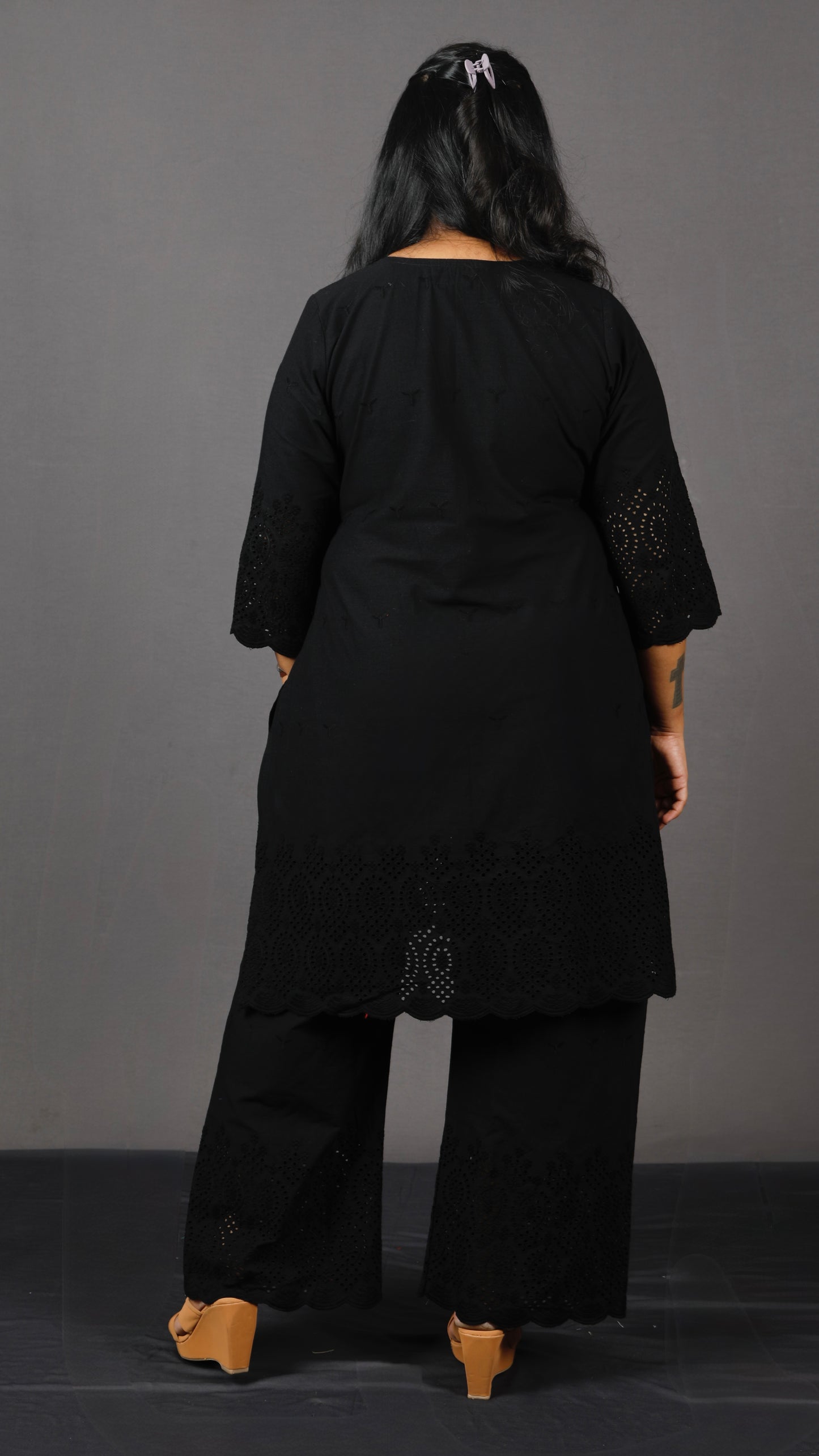 Ruhani - Set - Pure cotton with schiffli embroidery - Black - dupatta optional