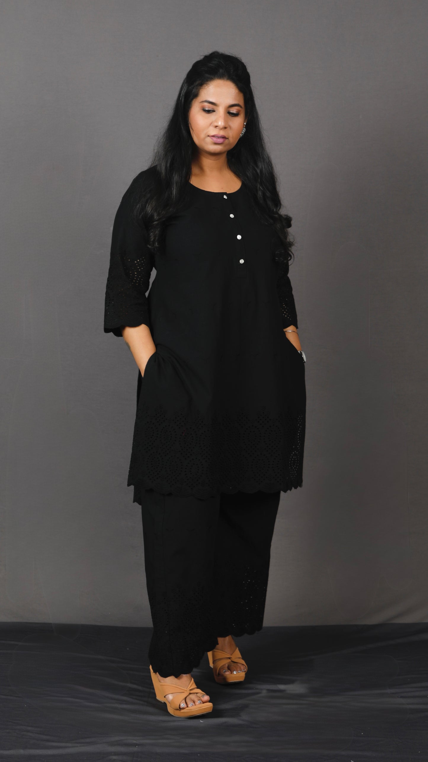 Ruhani - Set - Pure cotton with schiffli embroidery - Black - dupatta optional