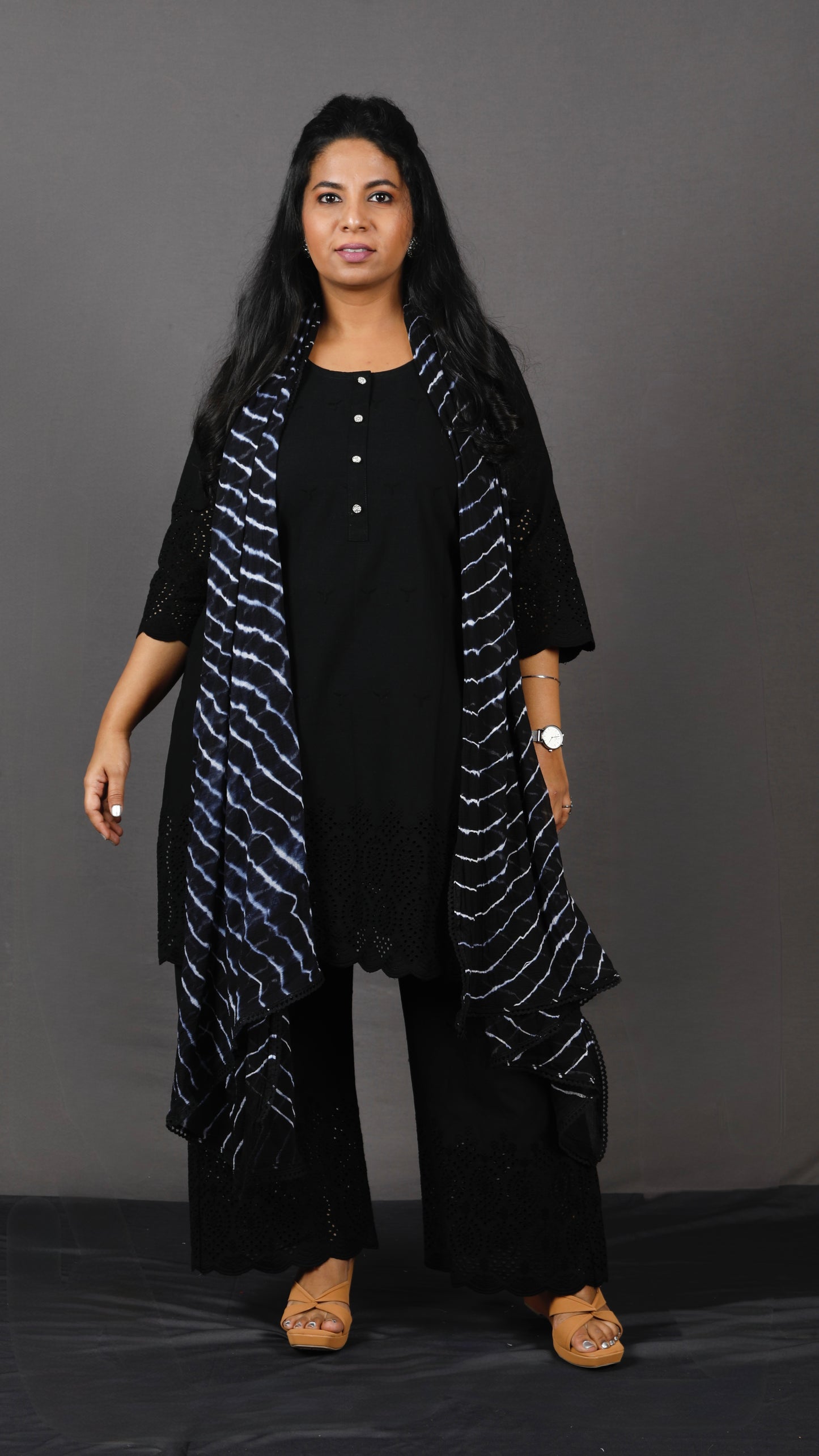 Ruhani - Set - Pure cotton with schiffli embroidery - Black - dupatta optional