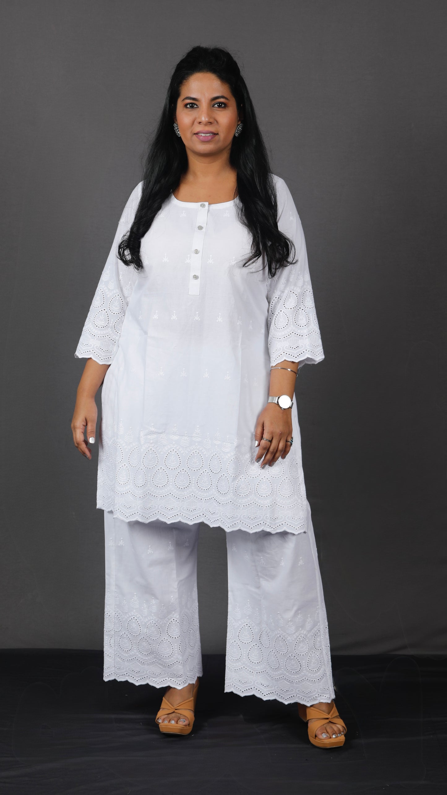Ruhani - Set - Pure cotton with schiffli embroidery - White - dupatta optional