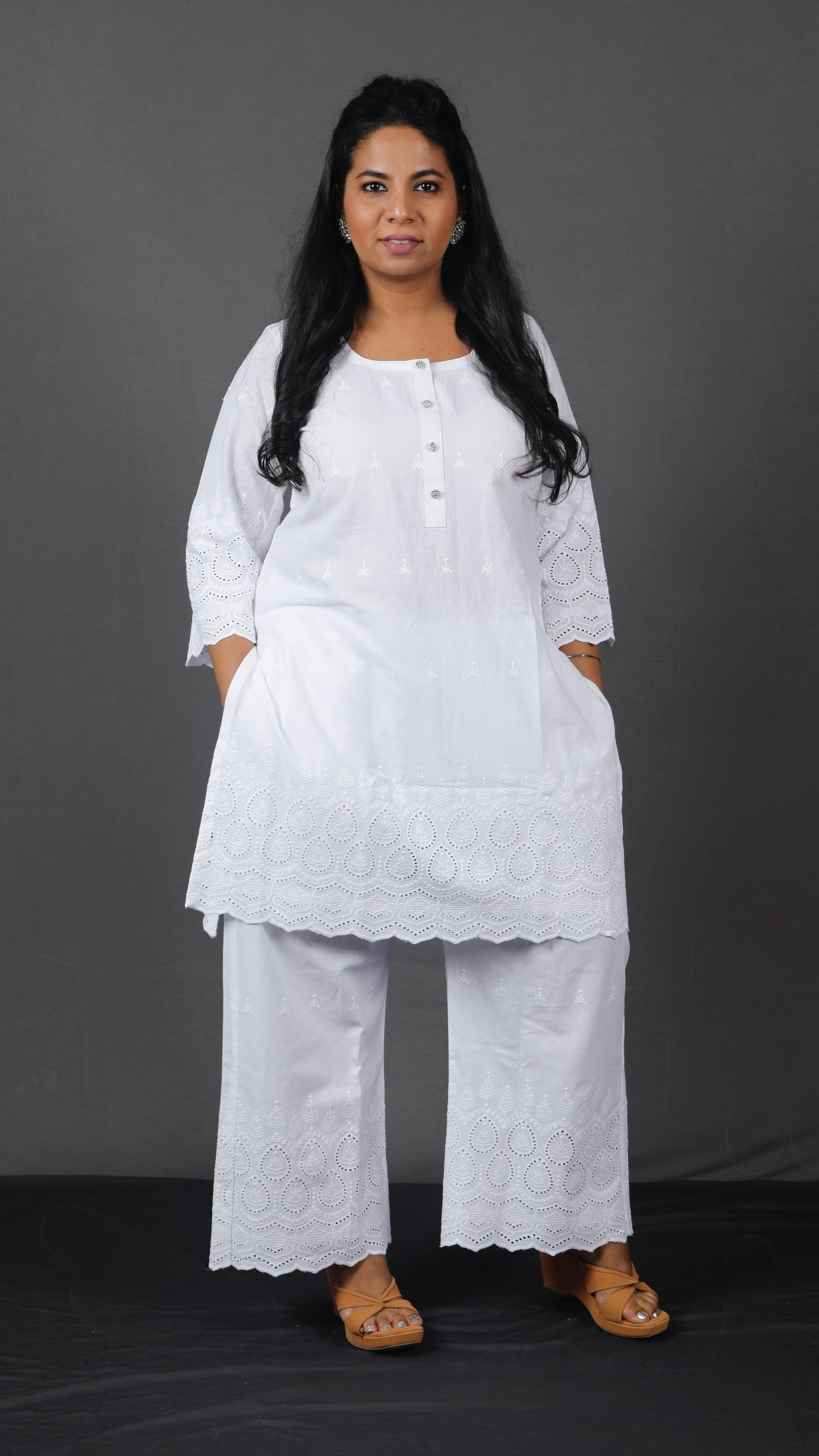 Ruhani - Set - Pure cotton with schiffli embroidery - White - dupatta optional
