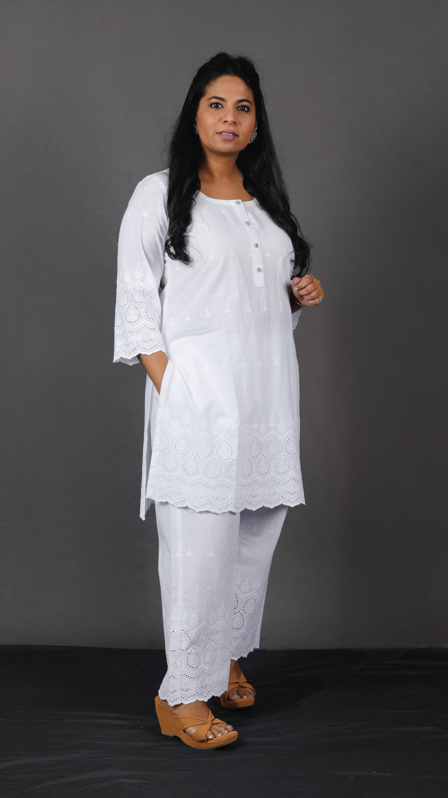 Ruhani - Set - Pure cotton with schiffli embroidery - White - dupatta optional